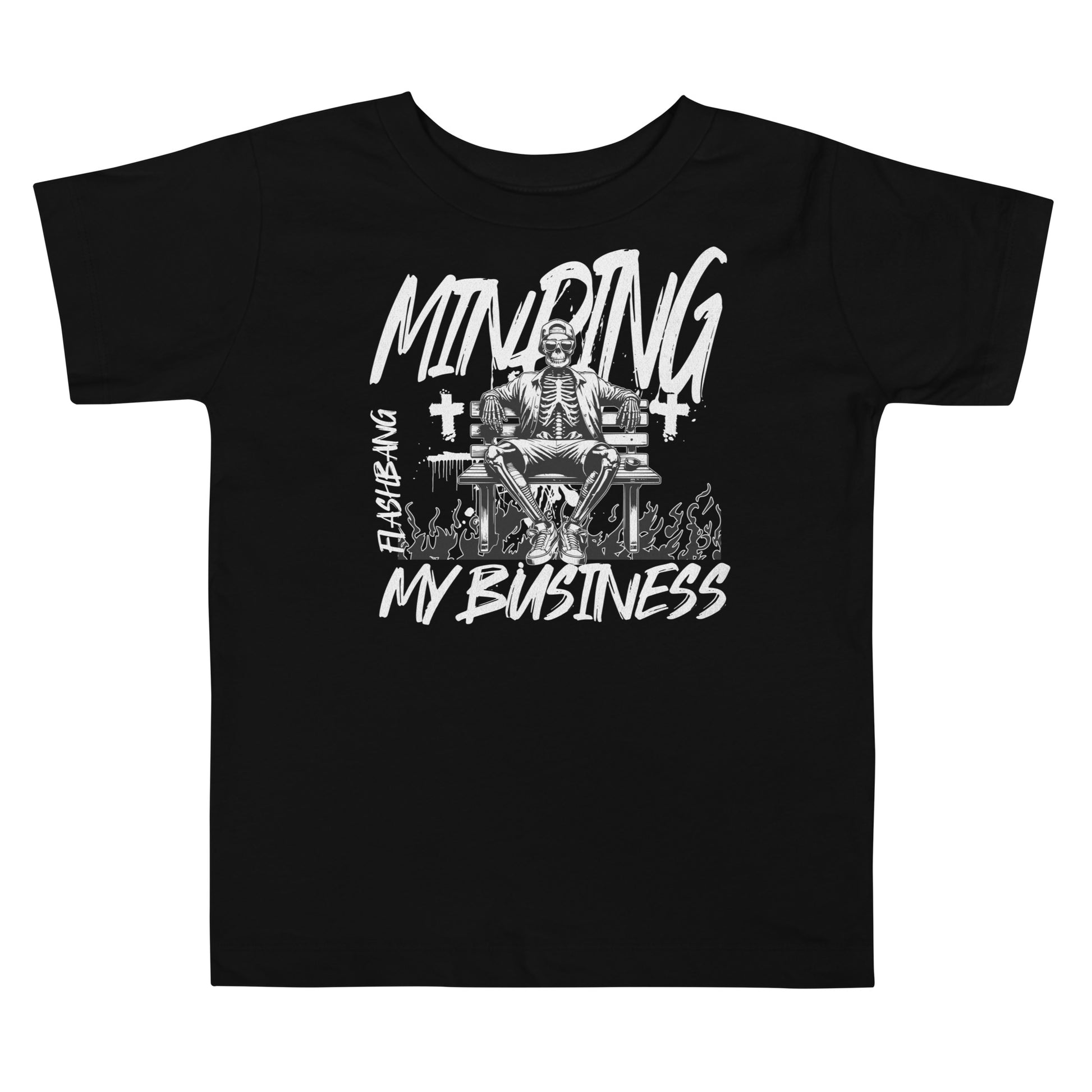 Black t-shirt with a skeleton DJ graphic and text on a white background