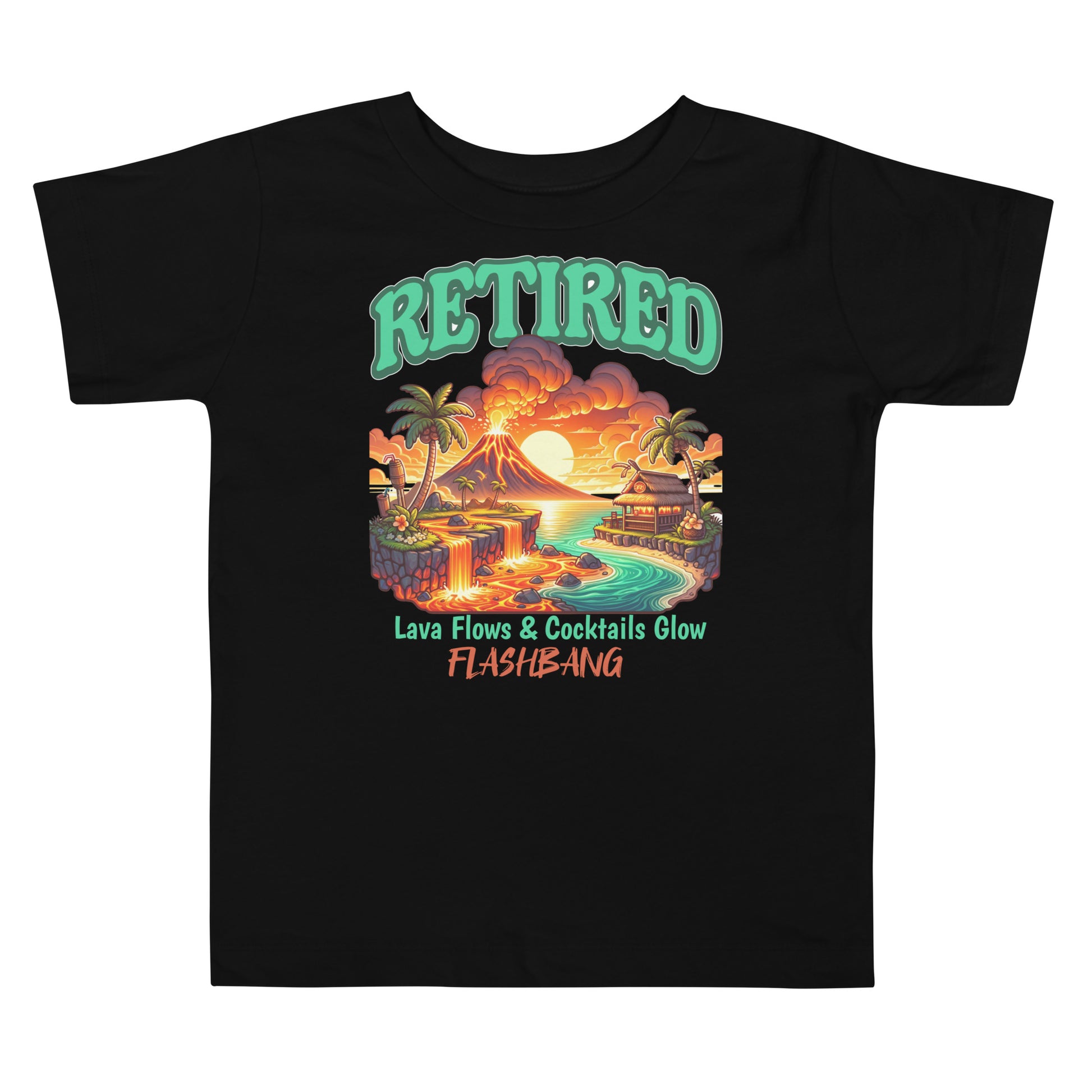 Black t-shirt with a colorful graphic design featuring a volcano and palm trees, with text 'RETired', 'Lava Flows & Cocktails Glow', and 'FLASHBANG'.