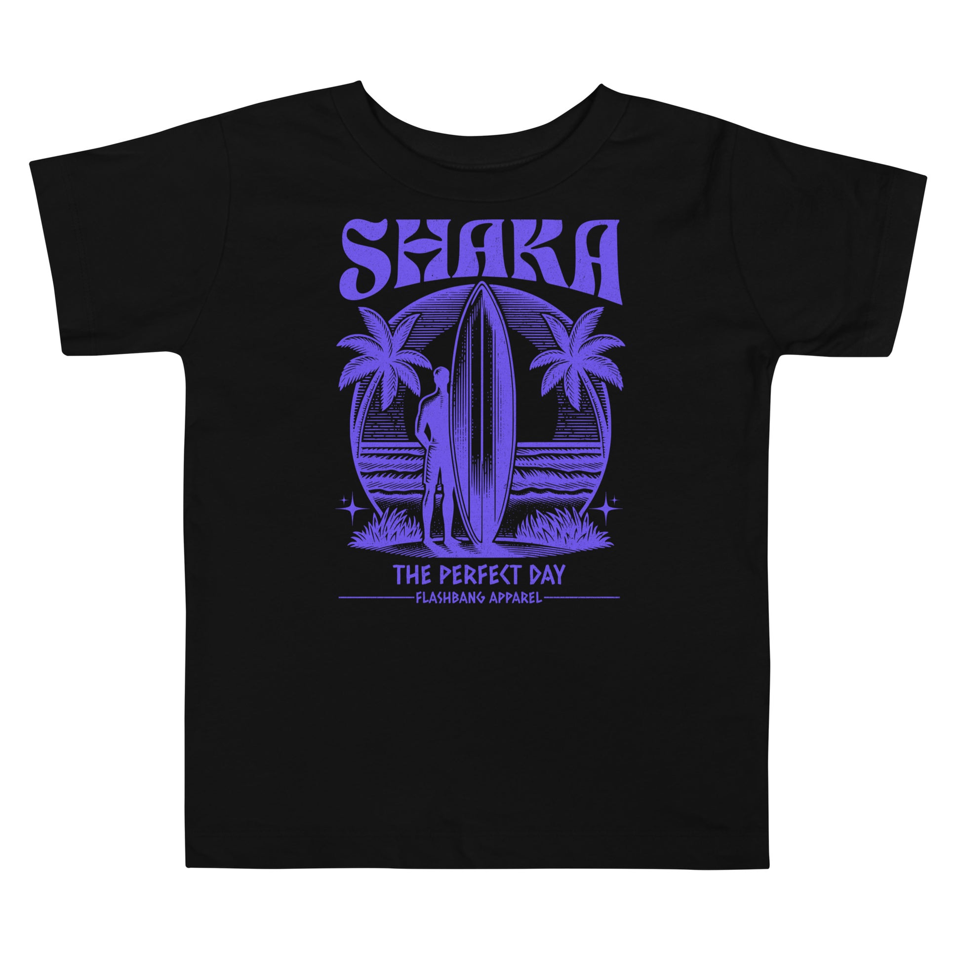 Black t-shirt with purple graphic design featuring a surfer, palm trees, and text on a white background.