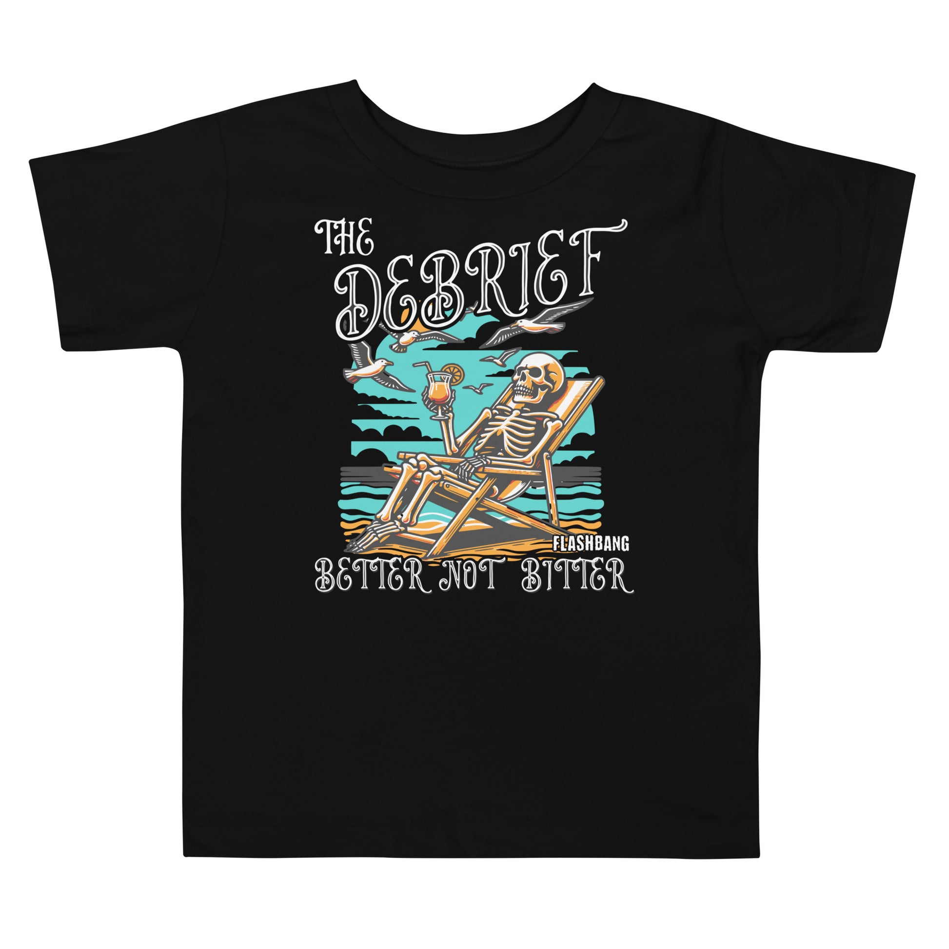 Black t-shirt with a skeleton design and text on a white background