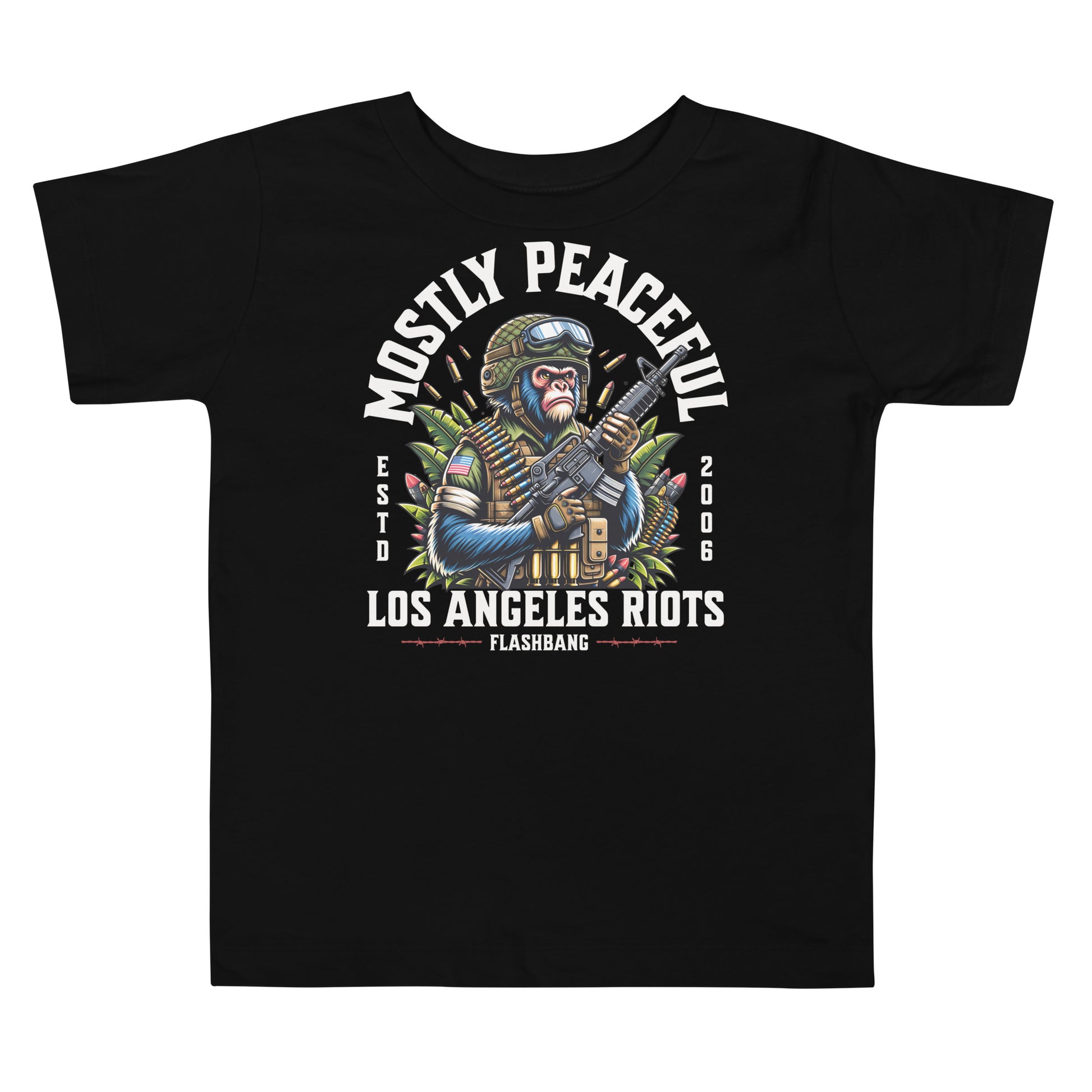 Black t-shirt with graphic design and text on a white background