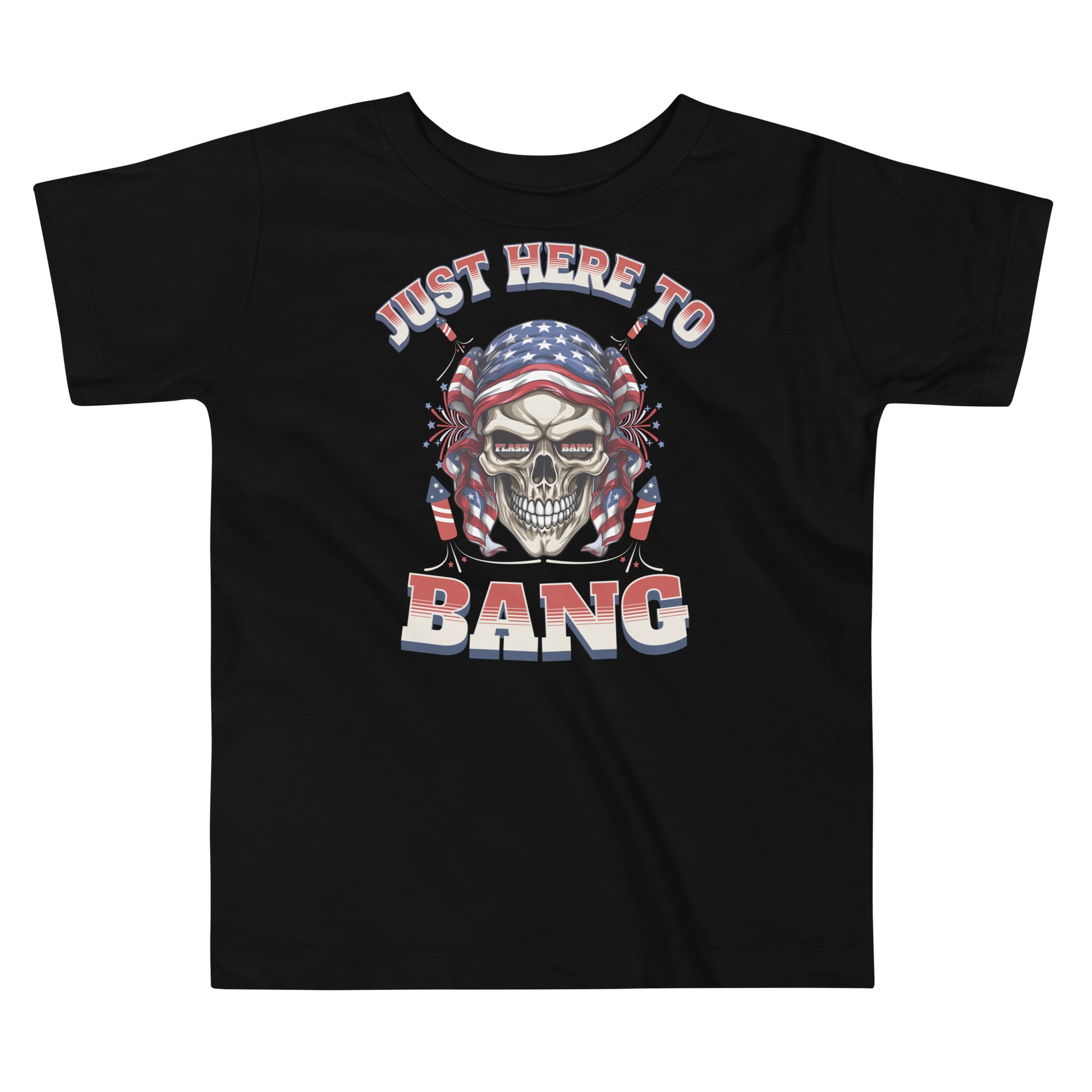 Black t-shirt with a skull graphic and text 'Just Here To Bang' on a white background