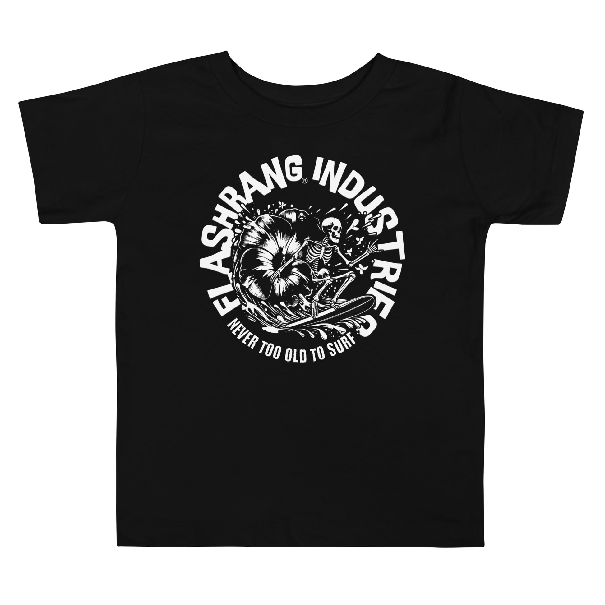 Black t-shirt with white graphic design and text on a white background