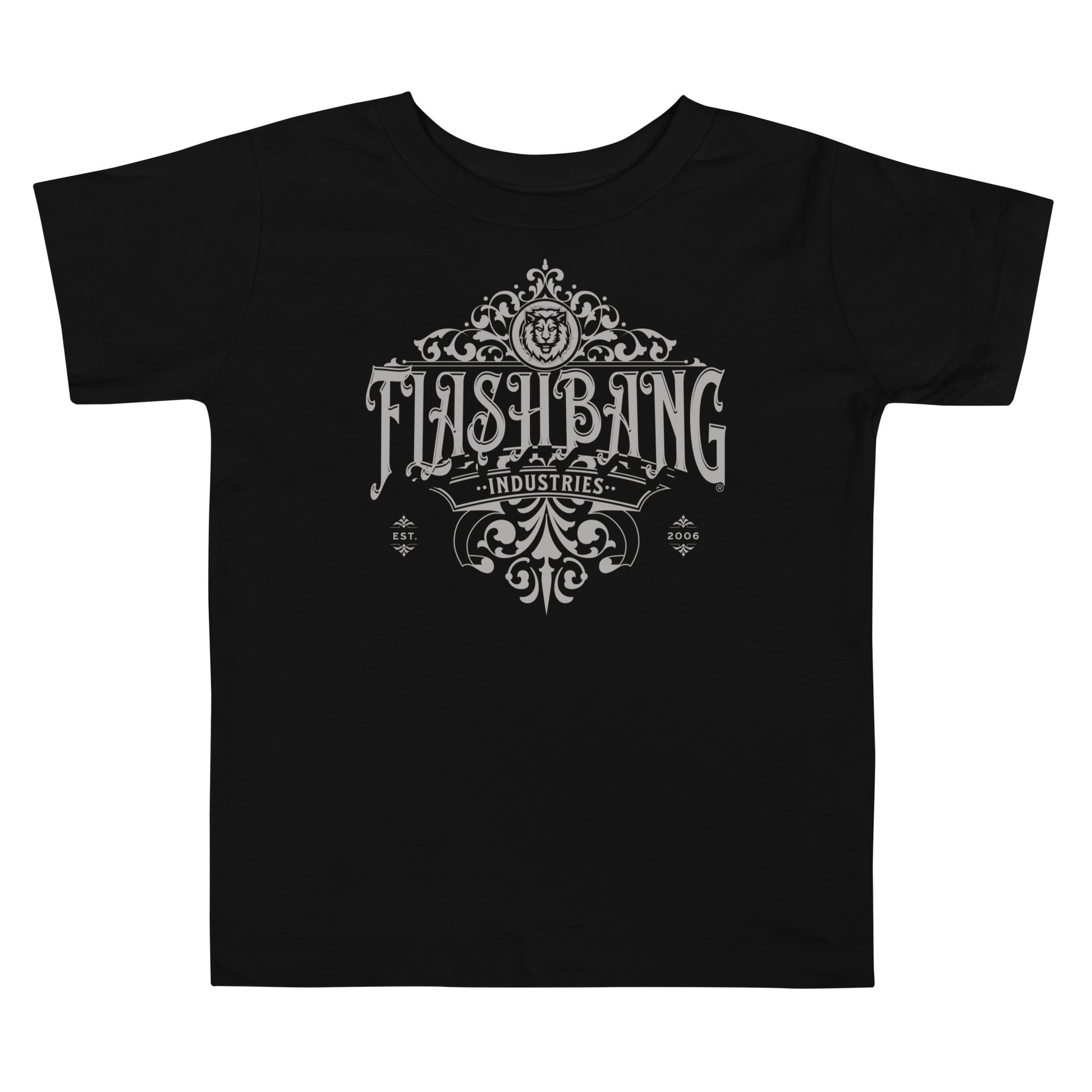 Black t-shirt with 'Flashbang Industries' graphic design on a white background