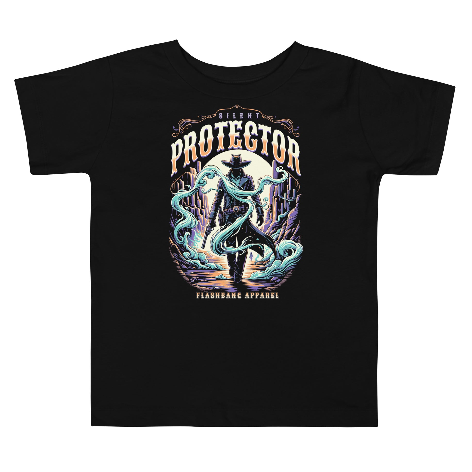 Black t-shirt with a colorful graphic design featuring a silhouette of a person in a cowboy hat and boots, with the text 'Silent Protector' and 'Flashbang Apparel'.