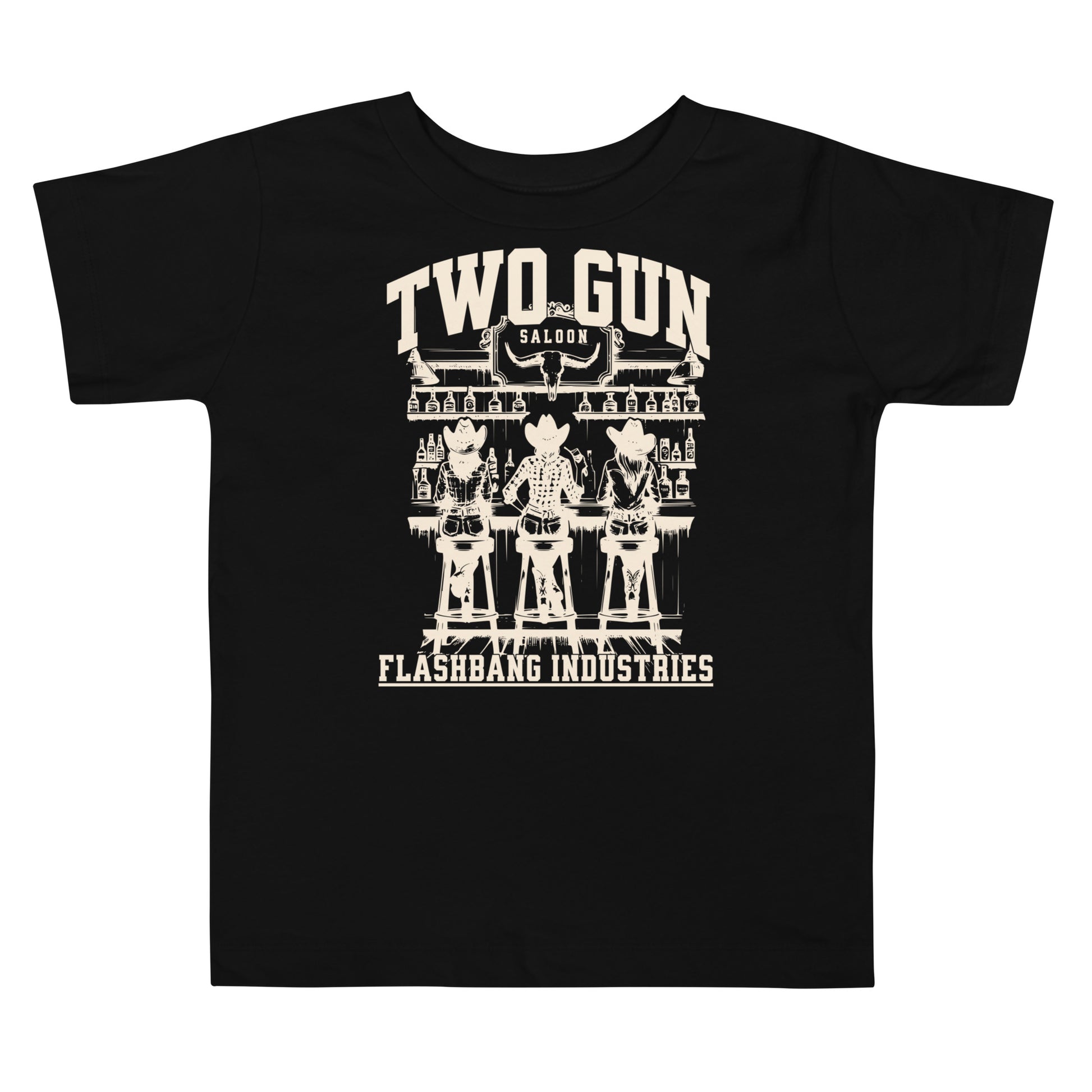 Black t-shirt with white graphic design and text on a white background