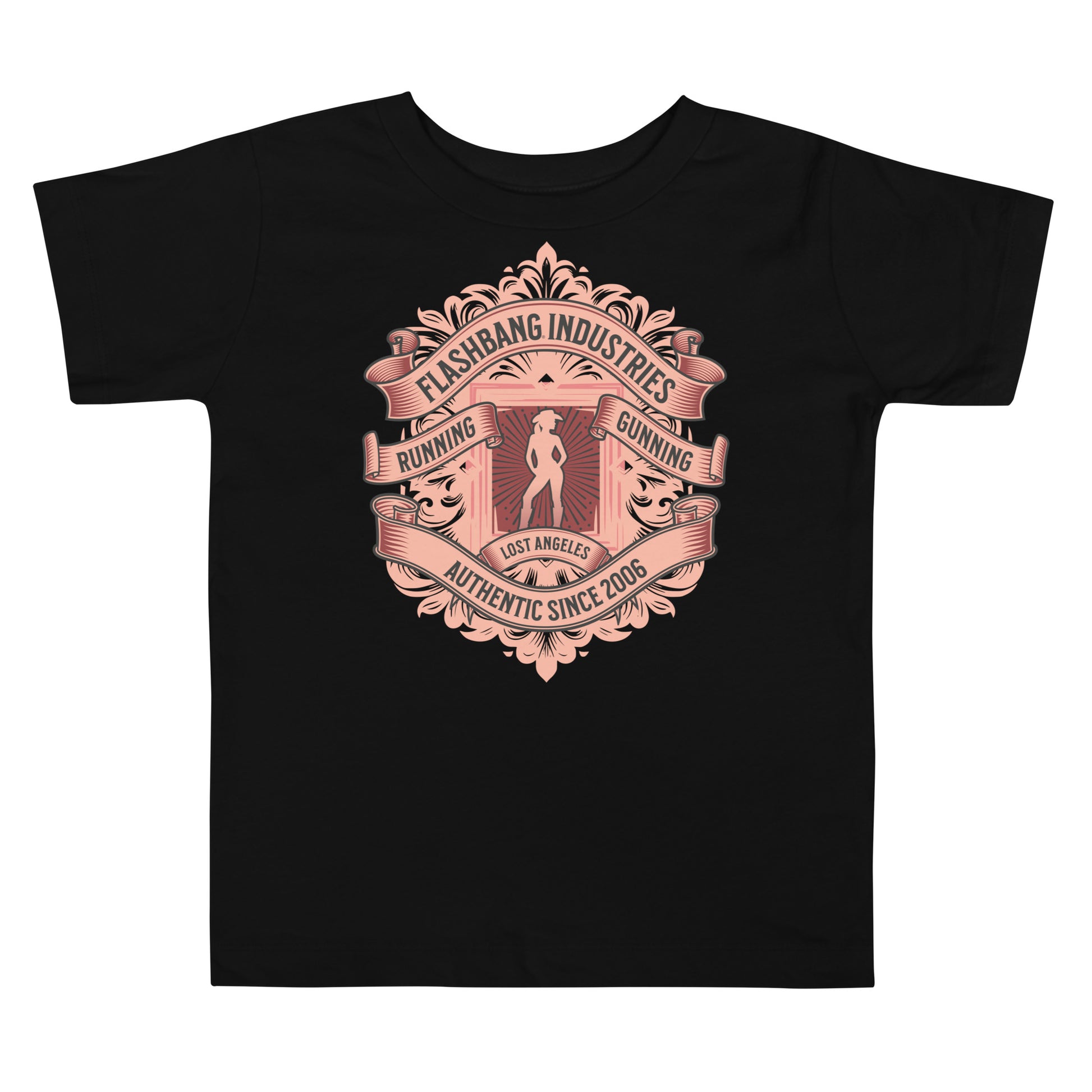 Black t-shirt with a pink graphic design on a white background