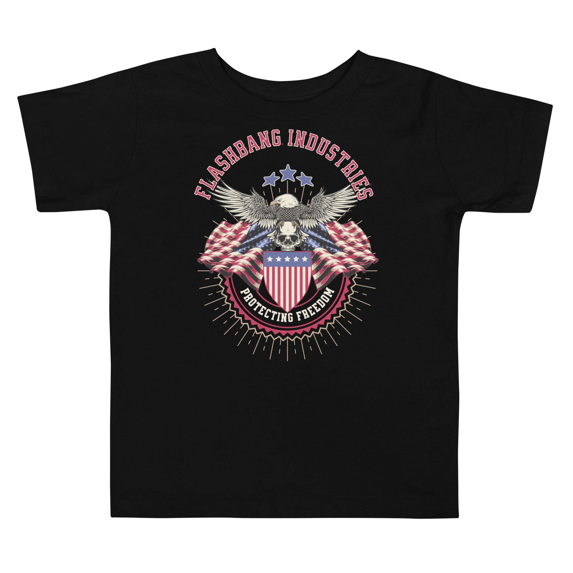 Black t-shirt with 'Flashbang Industries Protecting Freedom' graphic design on a white background