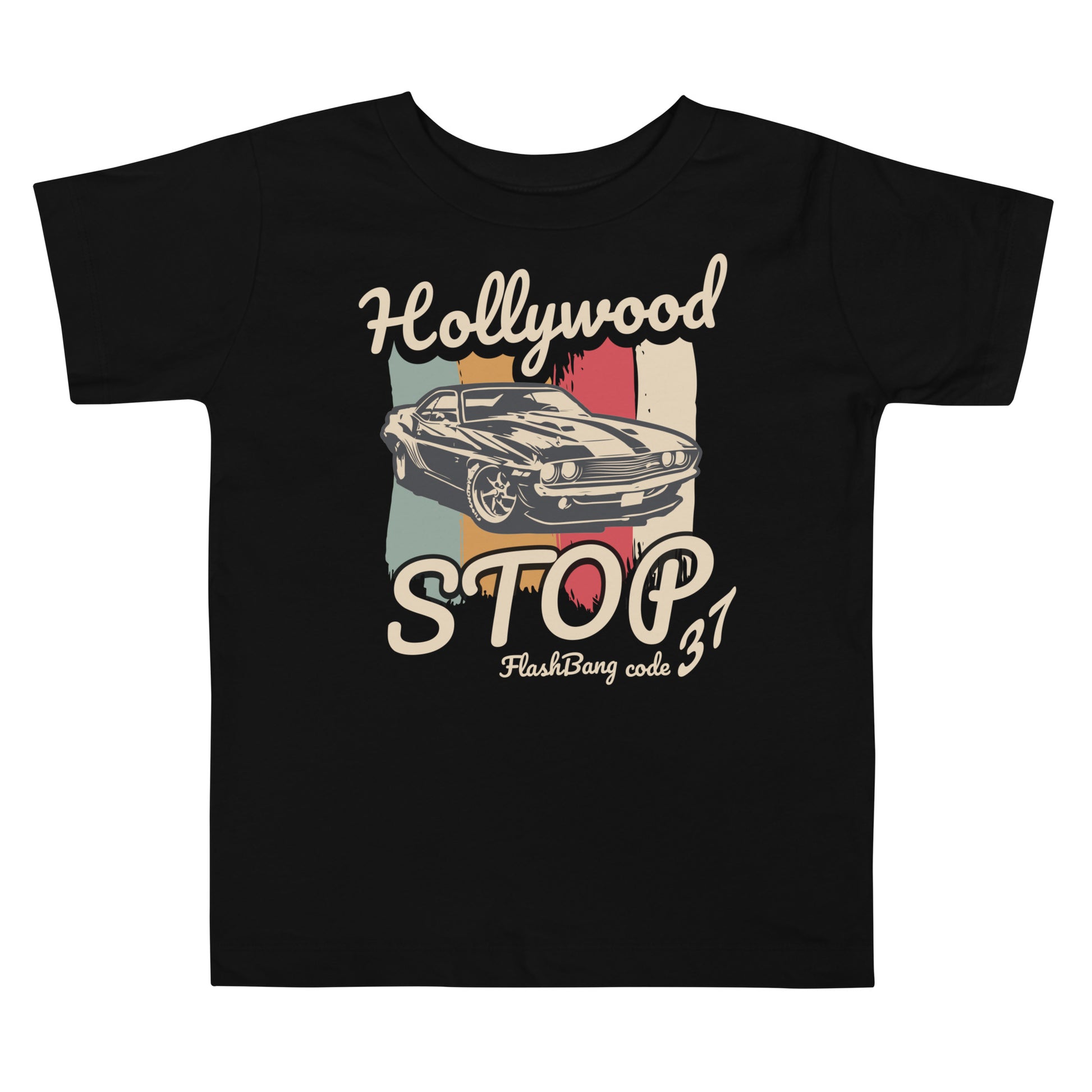 Black t-shirt with vintage car graphic and text on a white background