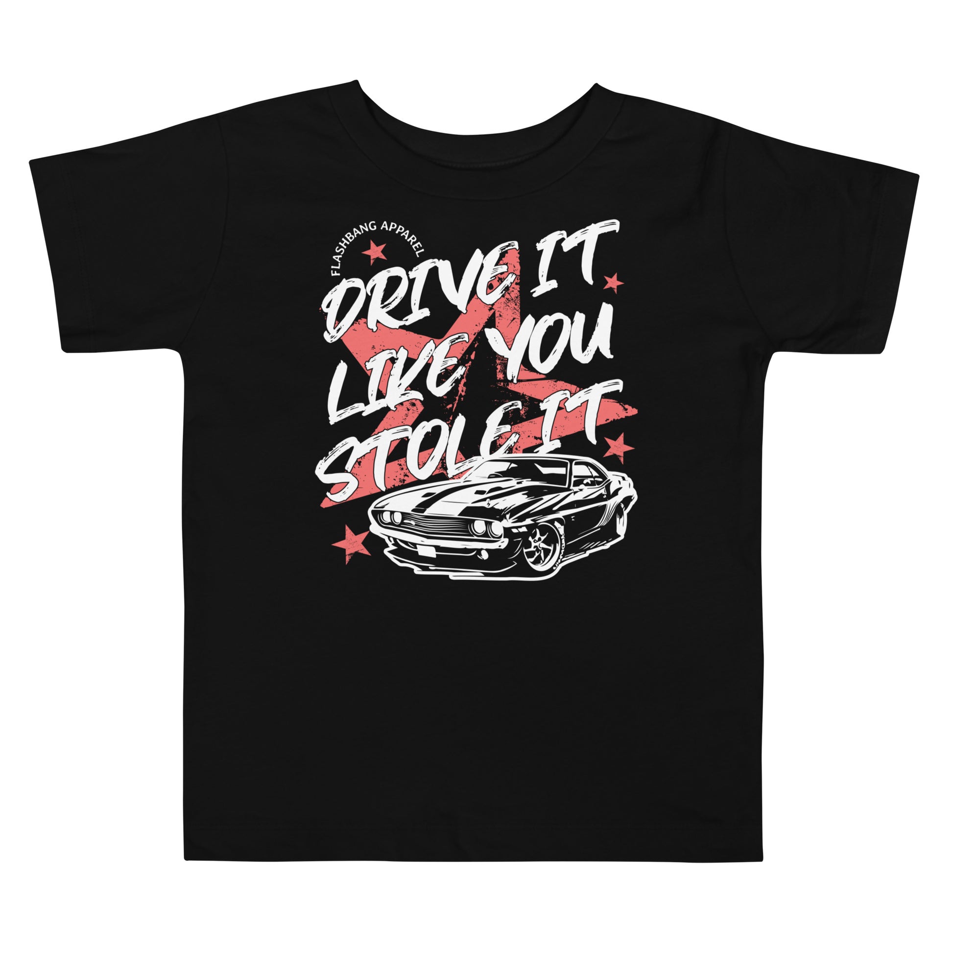 Black t-shirt with a graphic of a car and text 'Drive it like you stole it' on a white background