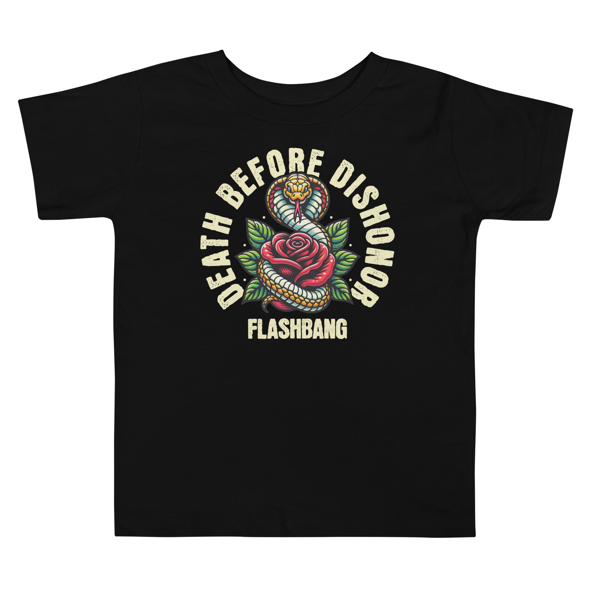 Black t-shirt with 'Death Before Dishonor Flashbang' graphic design on a white background