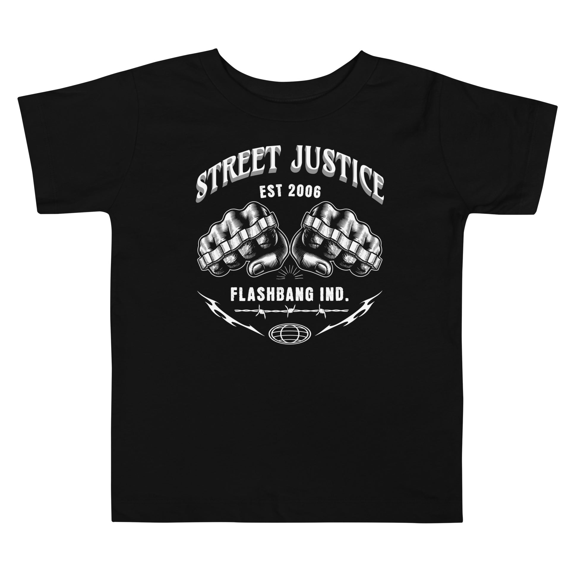 Black t-shirt with white graphic design on a white background