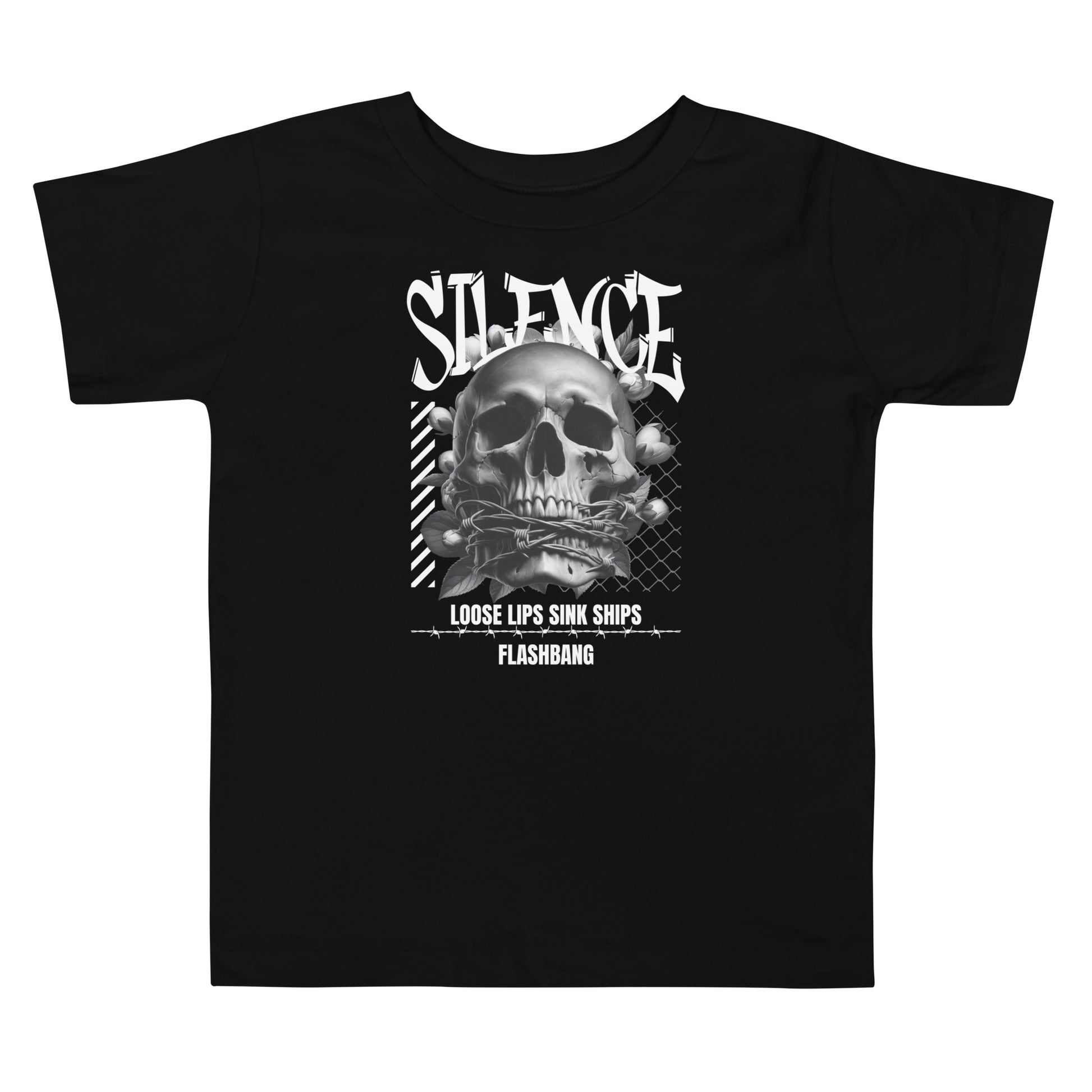 Black t-shirt with a skull graphic and text on a white background