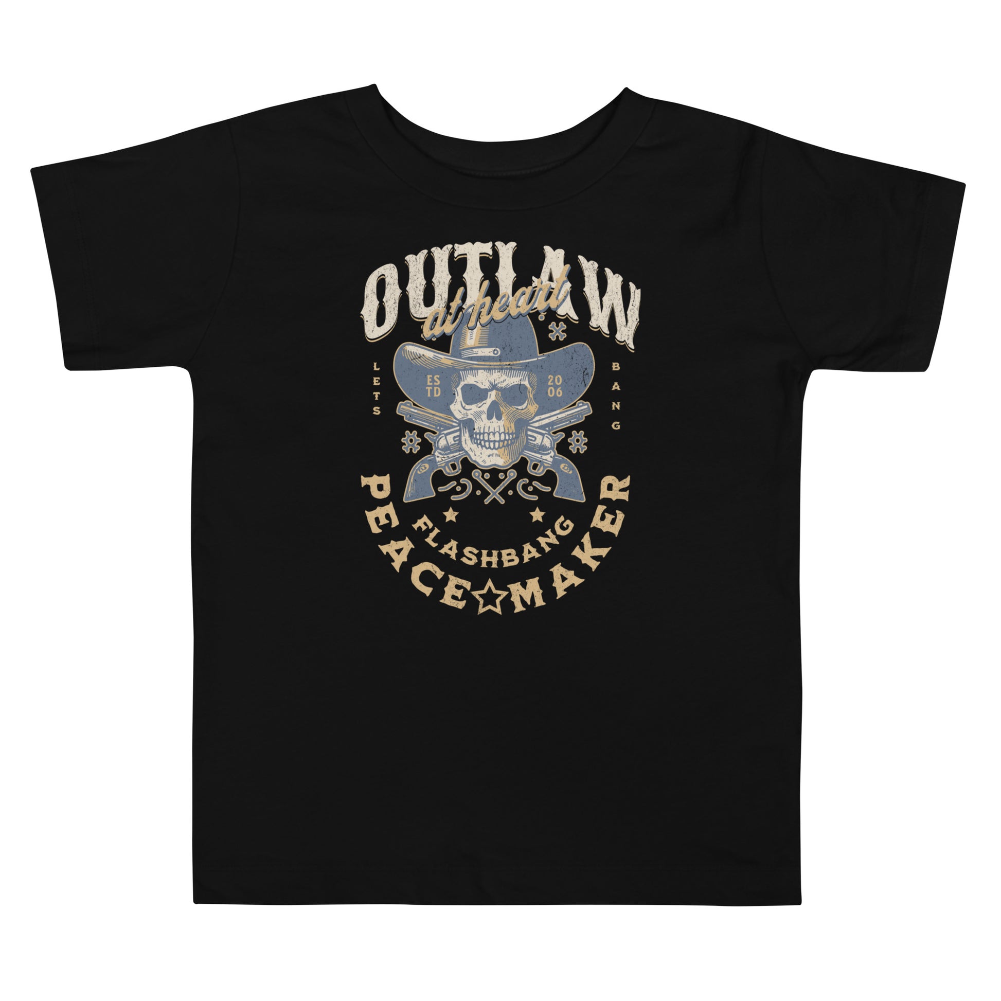 Black t-shirt with graphic design and text on a white background