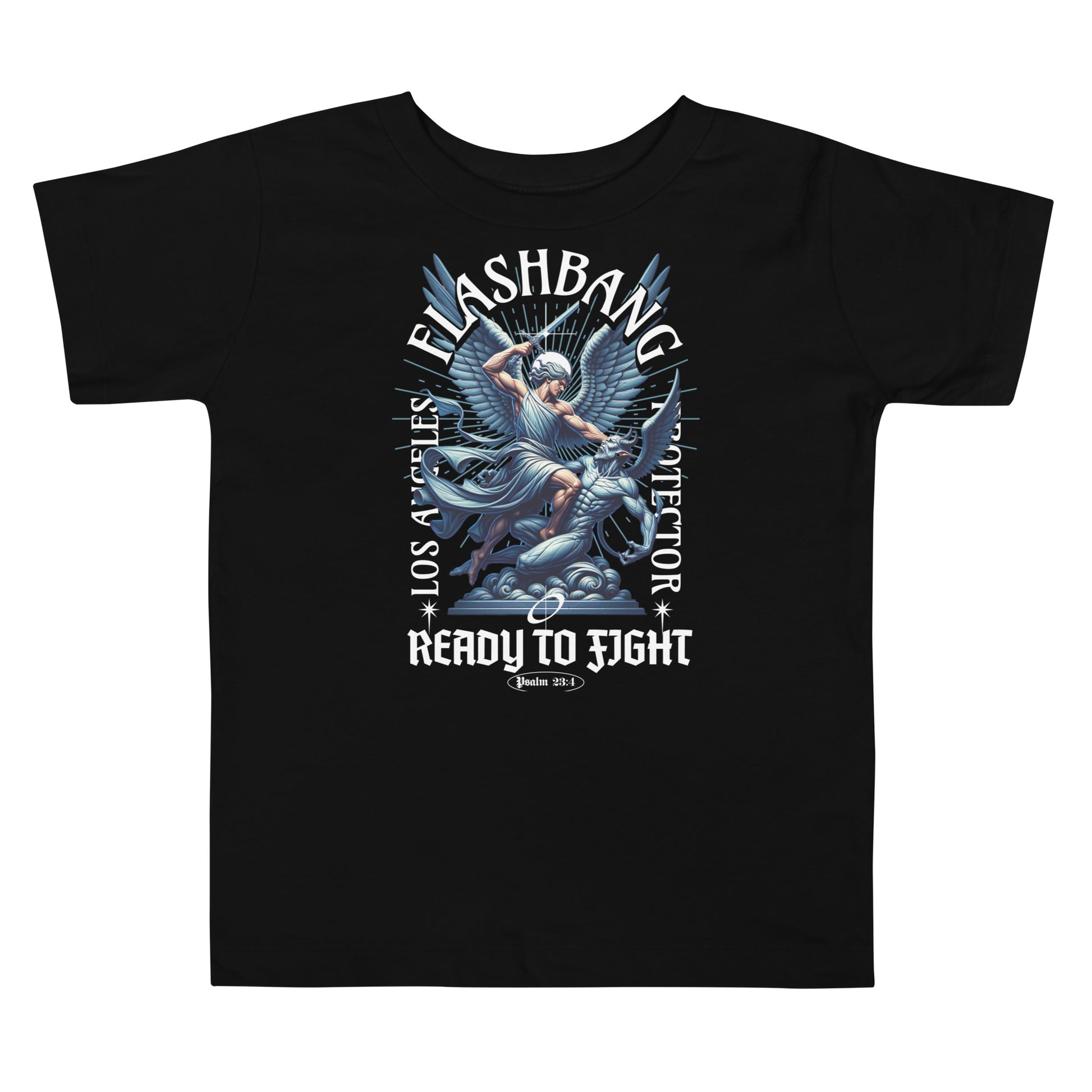 Black t-shirt with graphic design and text on a white background