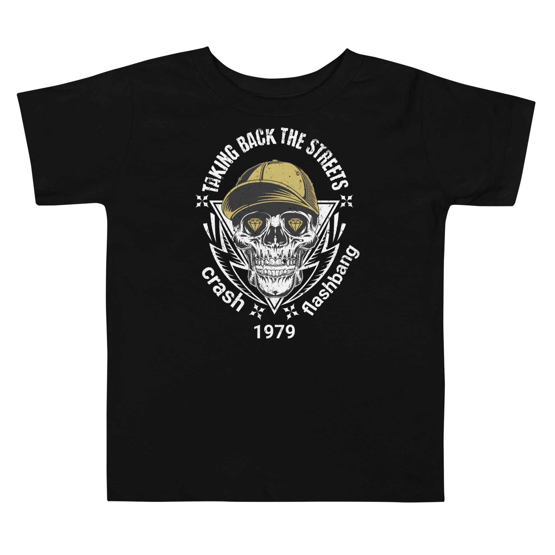 Black t-shirt with a skull and cap graphic and text on a white background