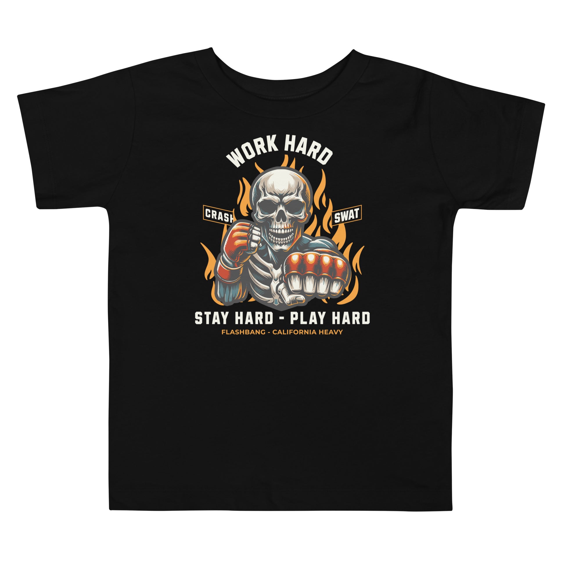 Black t-shirt with a graphic design featuring a skeleton and text on a white background
