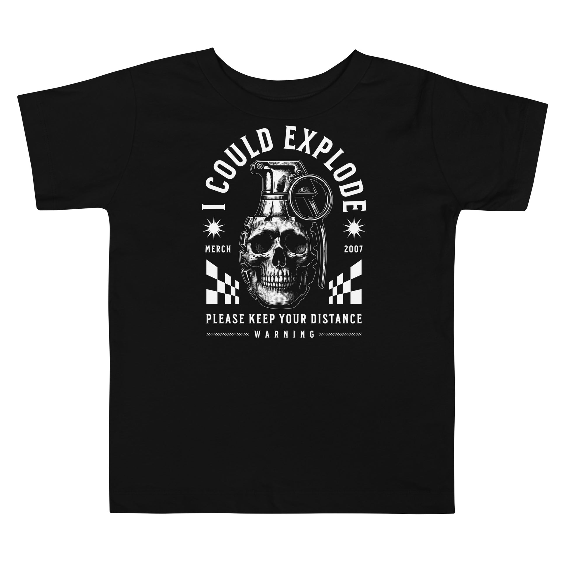 Black t-shirt with a graphic design featuring a skull and grenade on a white background