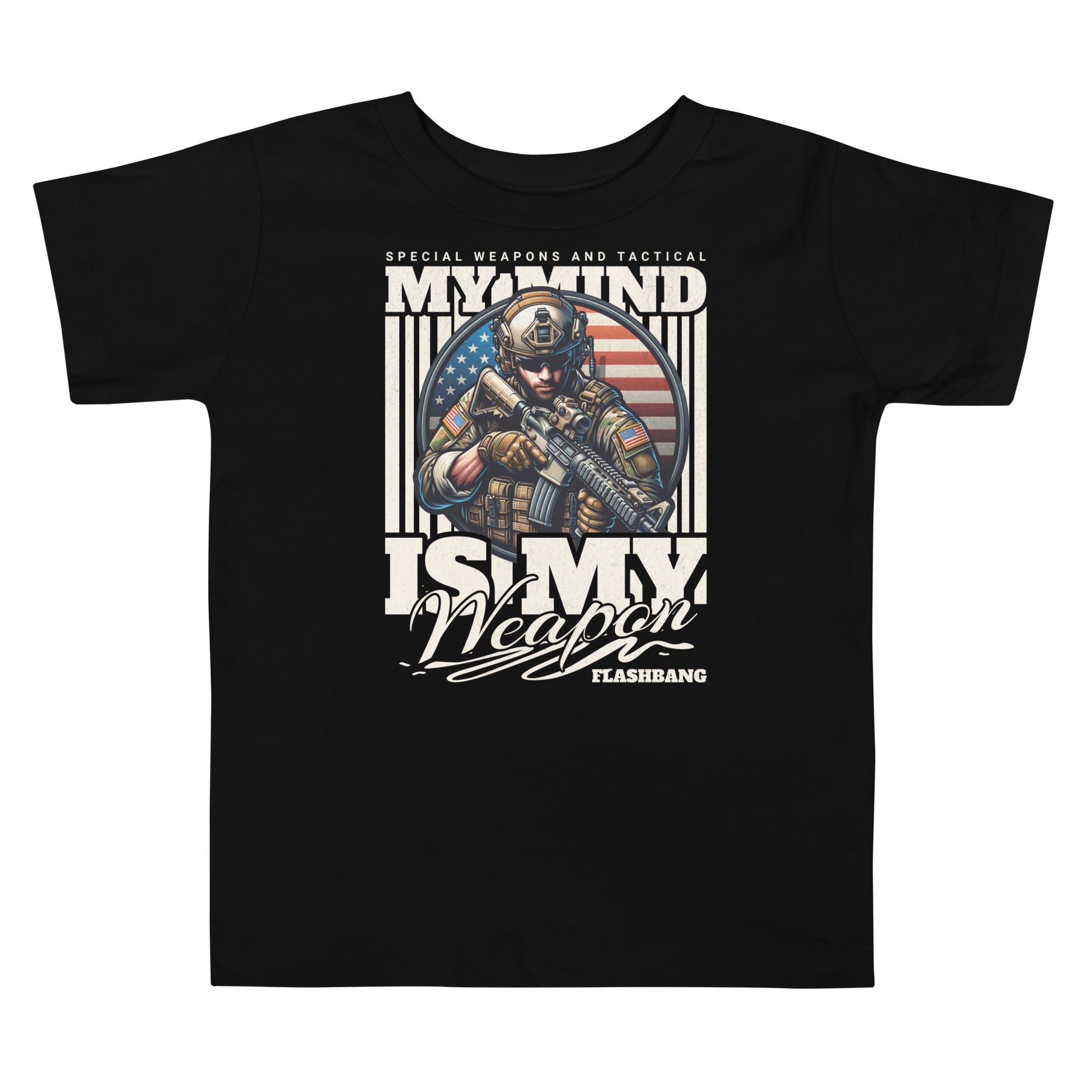 Black t-shirt with graphic design featuring a soldier and text on a white background
