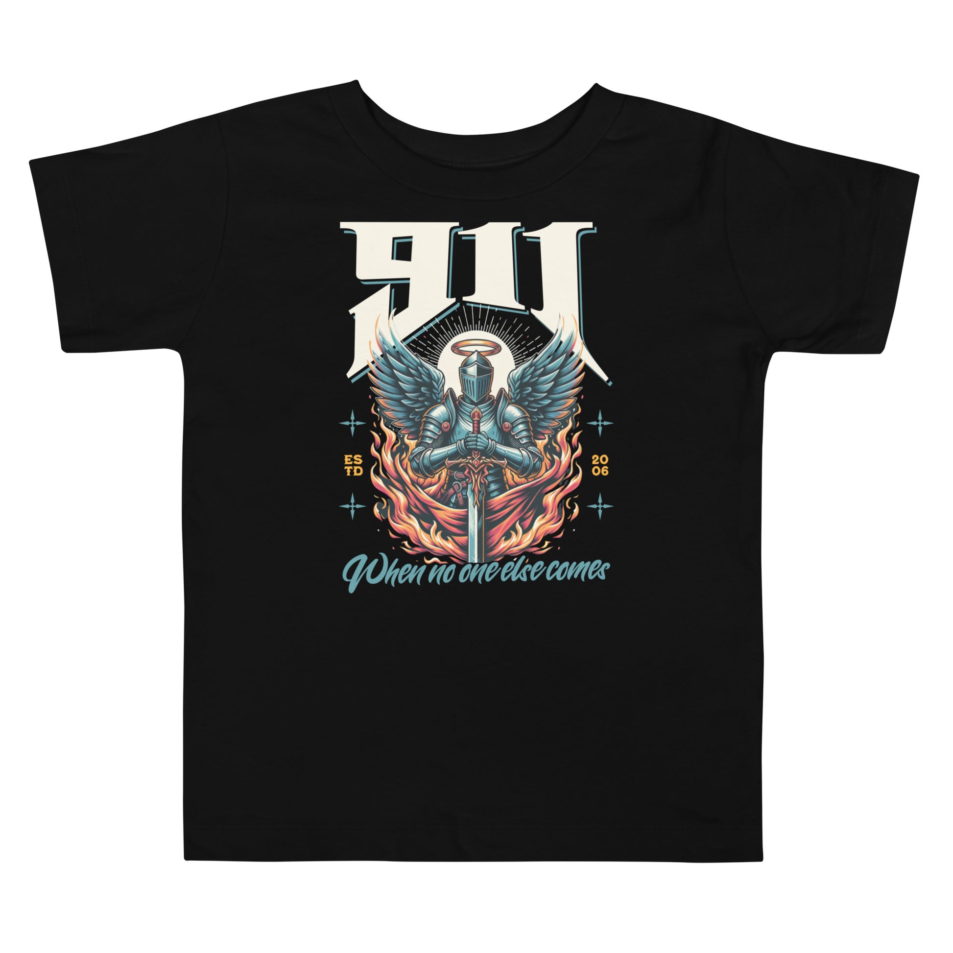 Black t-shirt with a graphic design featuring an angel and text on a white background