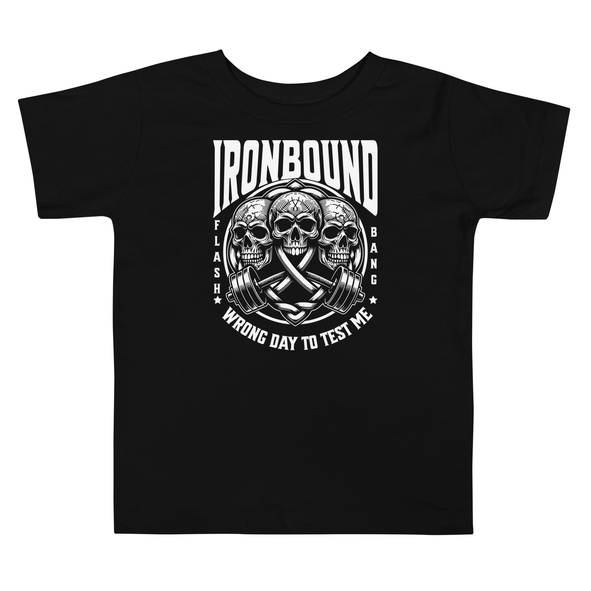 Black t-shirt with skull and crossbar design and 'IRONBOUND' text on a white background