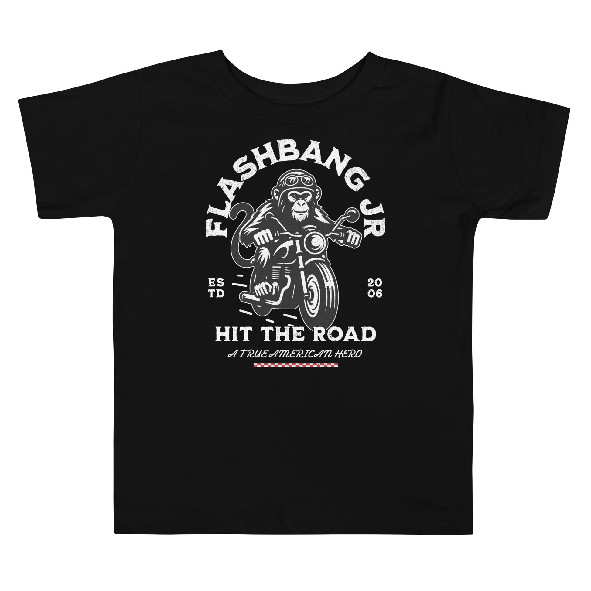 Black t-shirt with a graphic design of a monkey on a motorcycle and text 'Flashbang Jr Hit the Road' on a white background.