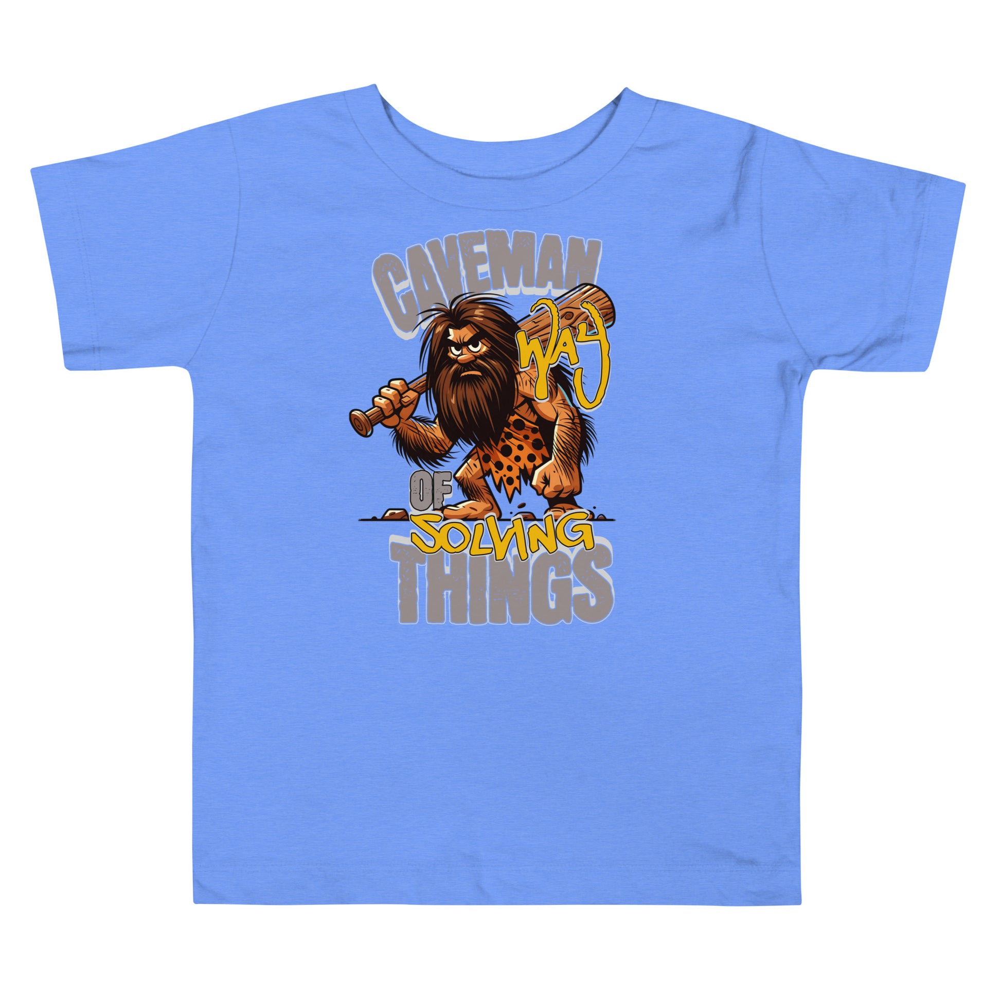 Blue t-shirt with a cartoon caveman design on a white background