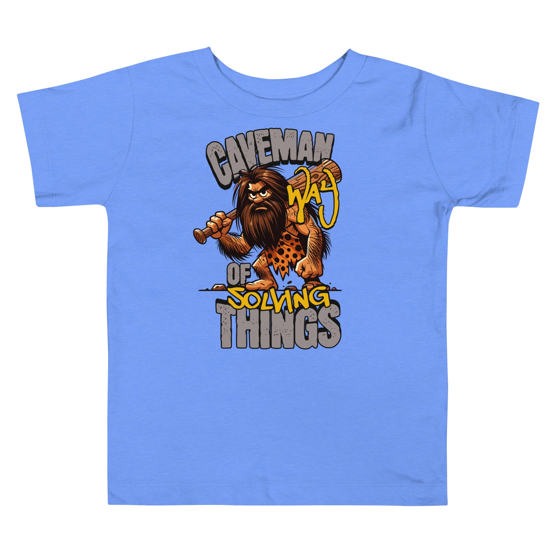 Blue t-shirt with a cartoon caveman design on a white background