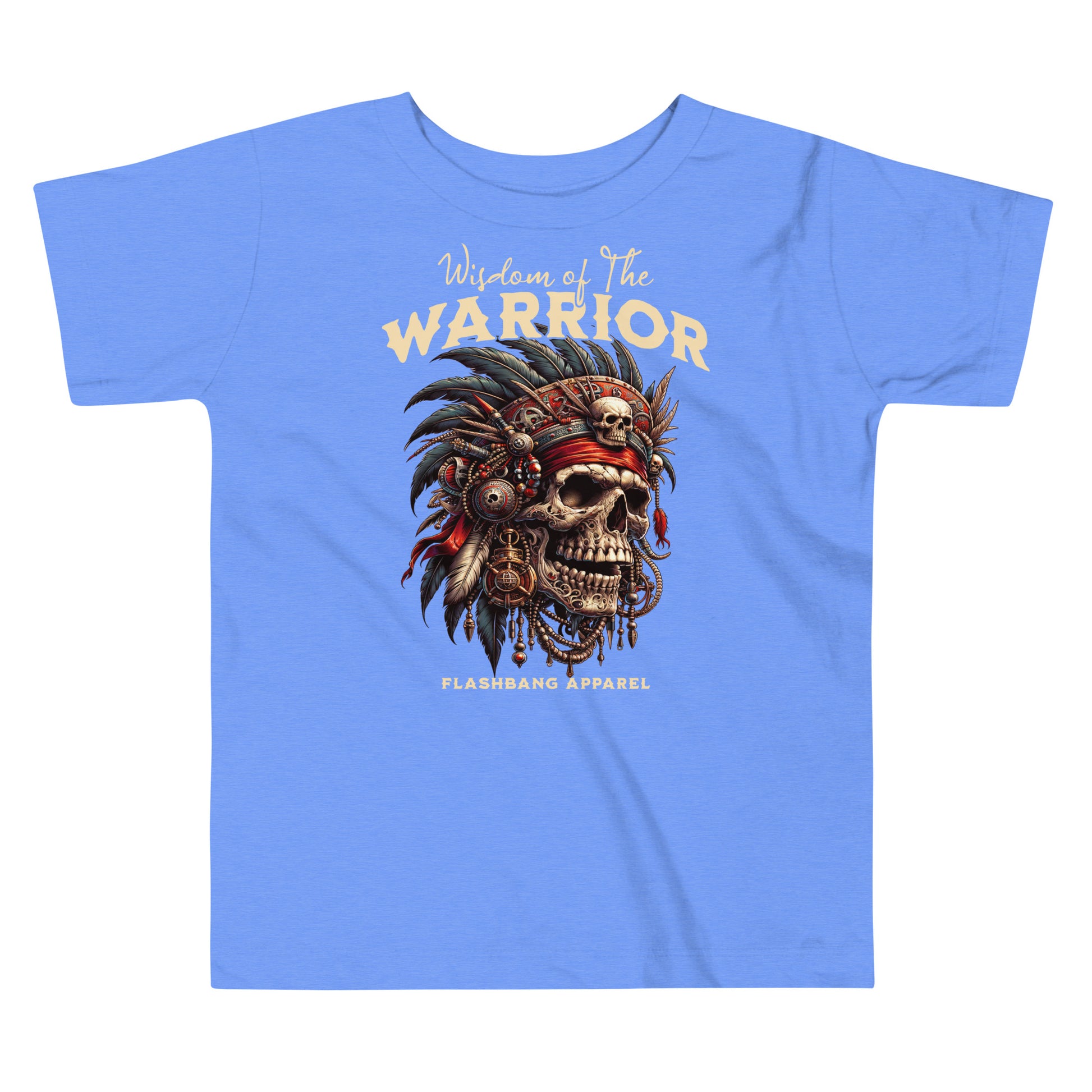 Blue t-shirt with warrior-themed design and 'Flashbang Apparel' branding on a white background
