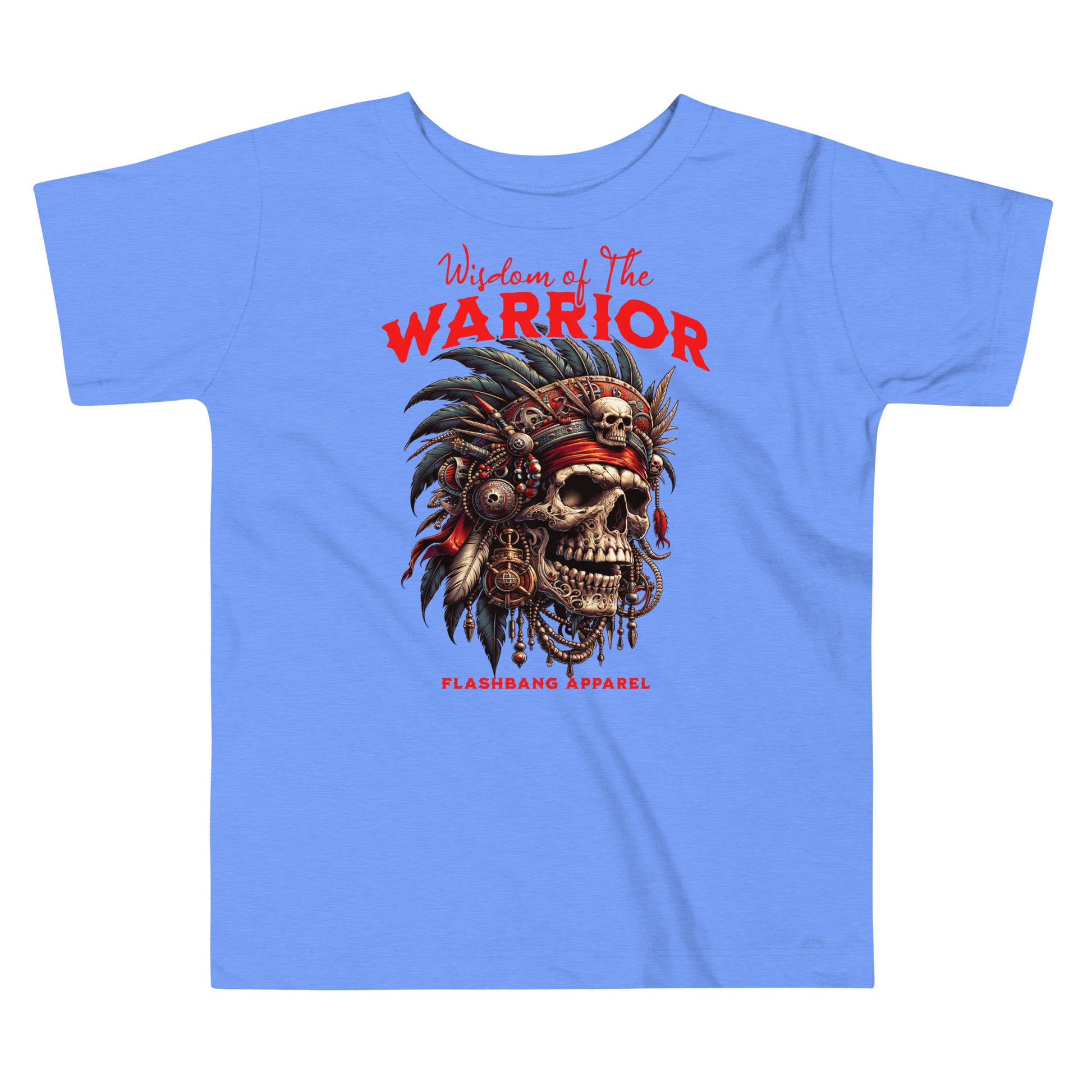 Blue t-shirt with a warrior-themed design featuring a skull and feathers on a white background.