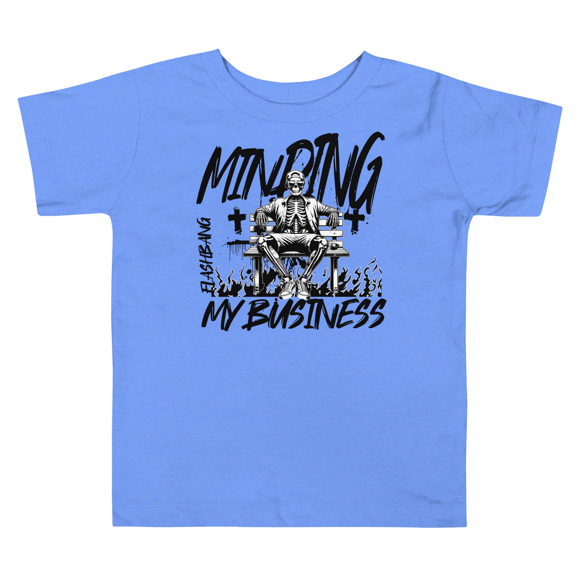 Blue t-shirt with a skeleton graphic and text on a white background