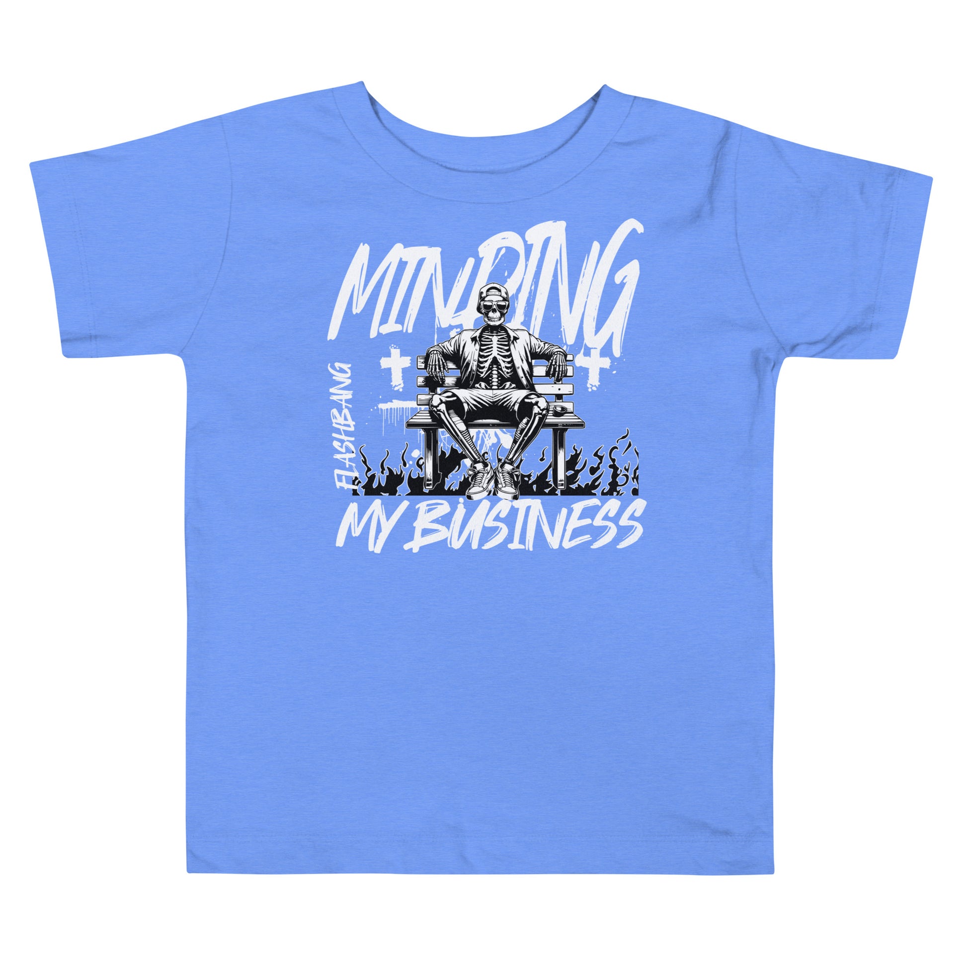 Blue t-shirt with a skeleton graphic and text on a white background