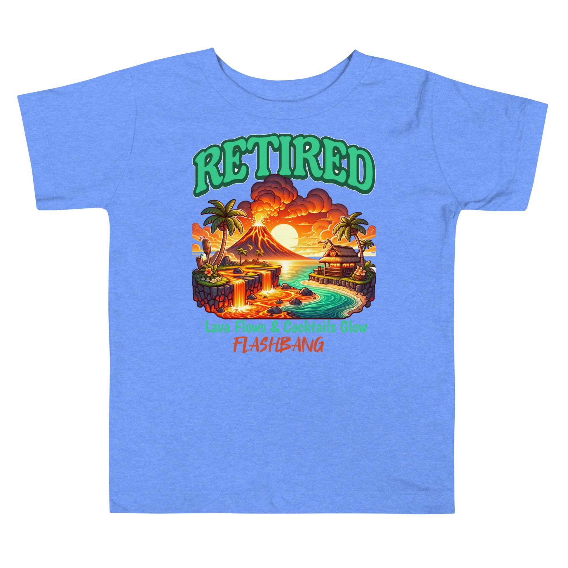 Blue t-shirt with a tropical graphic and 'Retired' text on a white background