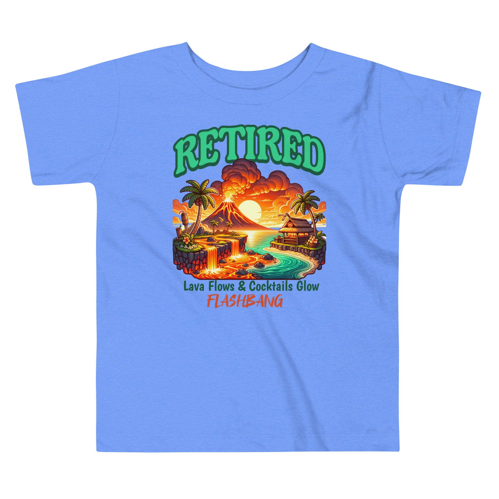 Blue t-shirt with a tropical graphic and 'Retired' text on a white background