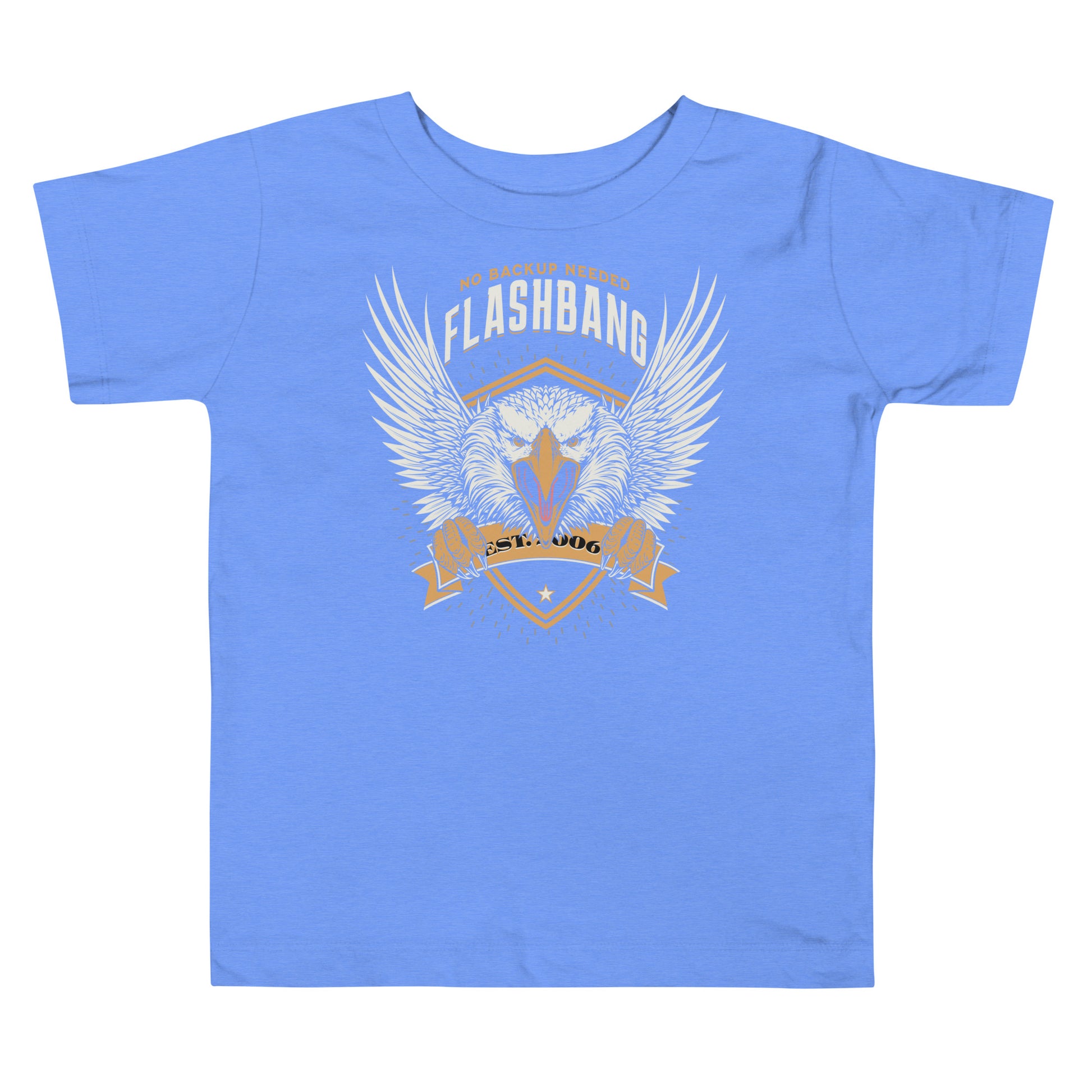 Blue t-shirt with a graphic design featuring wings and text on a white background