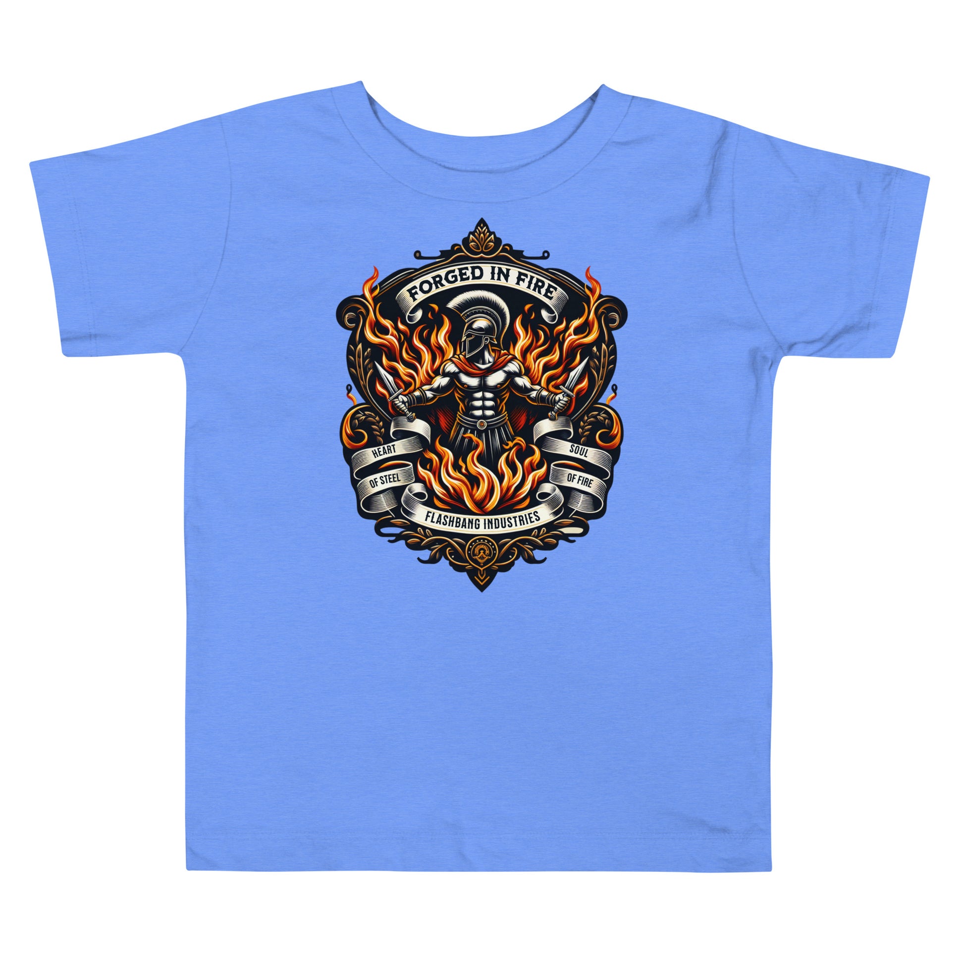Blue t-shirt with a graphic design featuring flames and text on a white background
