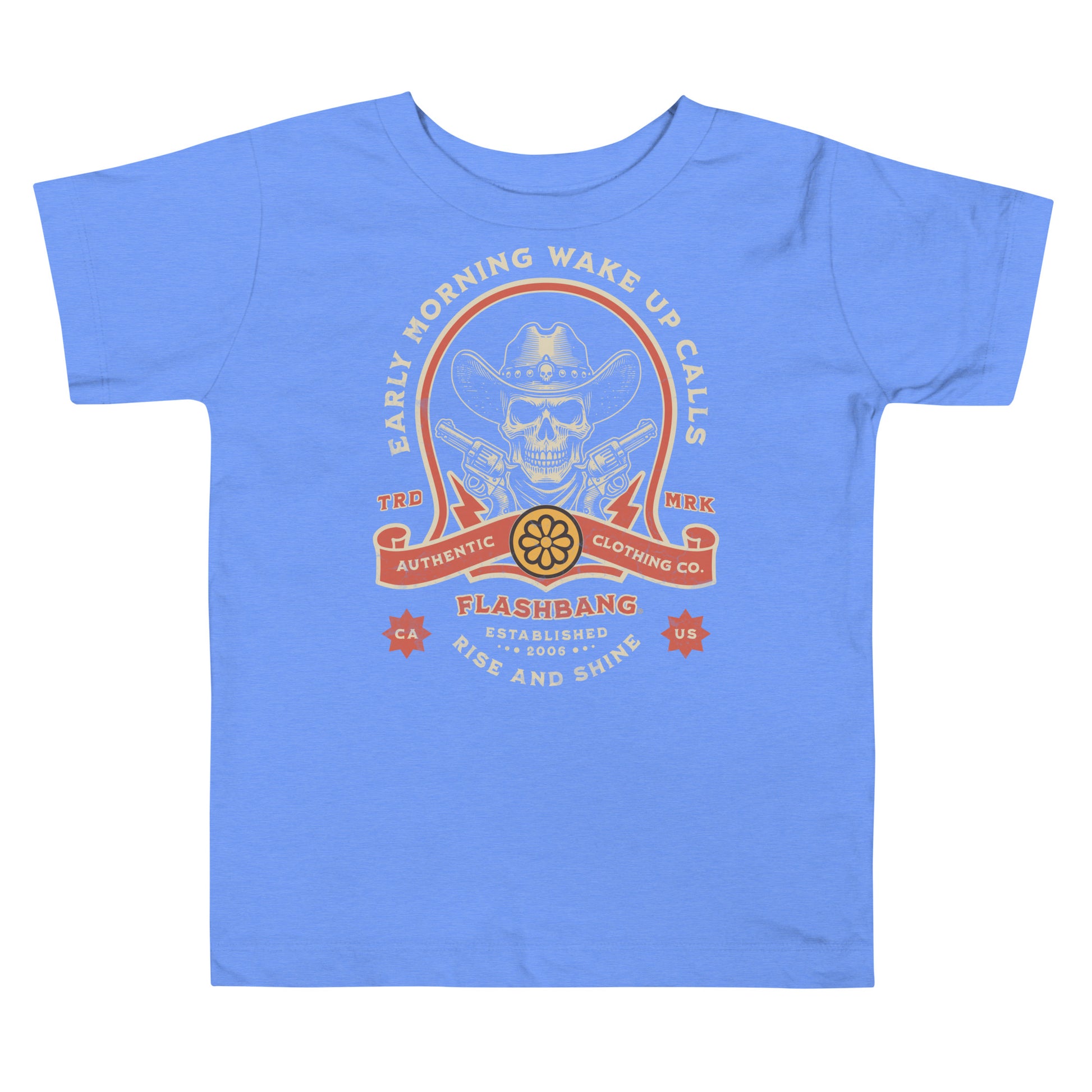 Blue t-shirt with a graphic design on a white background