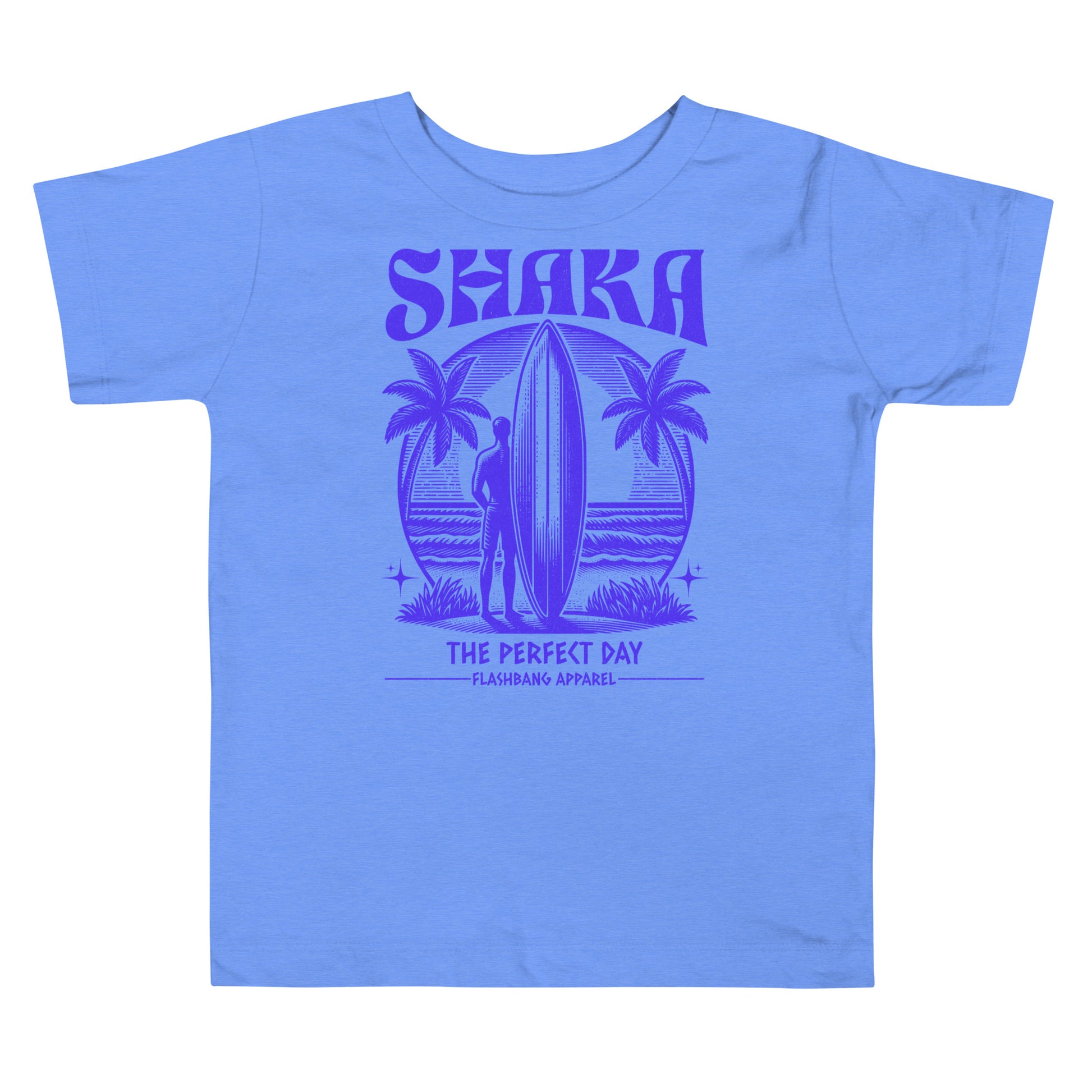 Blue t-shirt with a graphic design of a surfer and palm trees on a white background