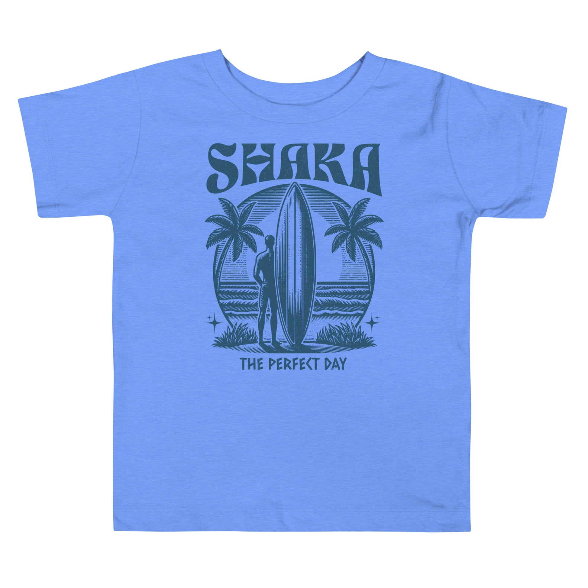 Blue t-shirt with a graphic design of a person holding a surfboard, palm trees, and text on a white background.