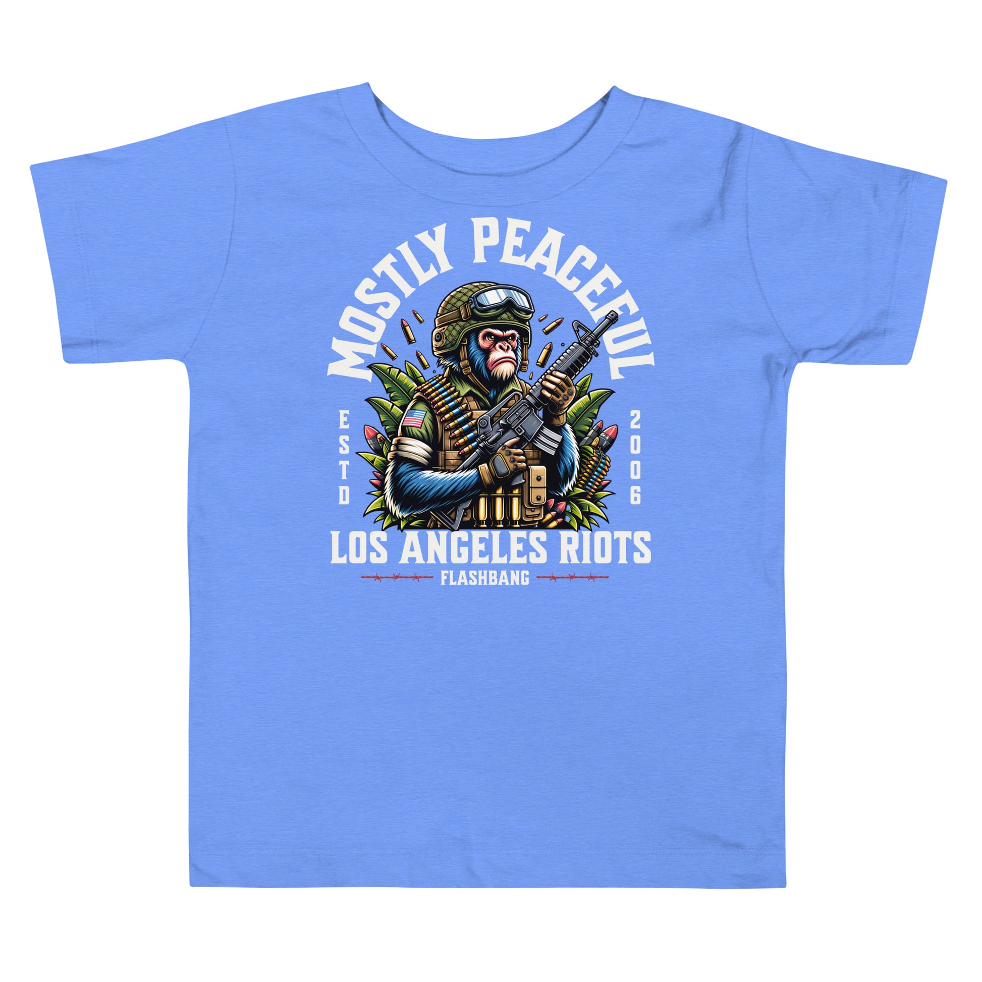 Blue t-shirt with graphic design and text on a white background