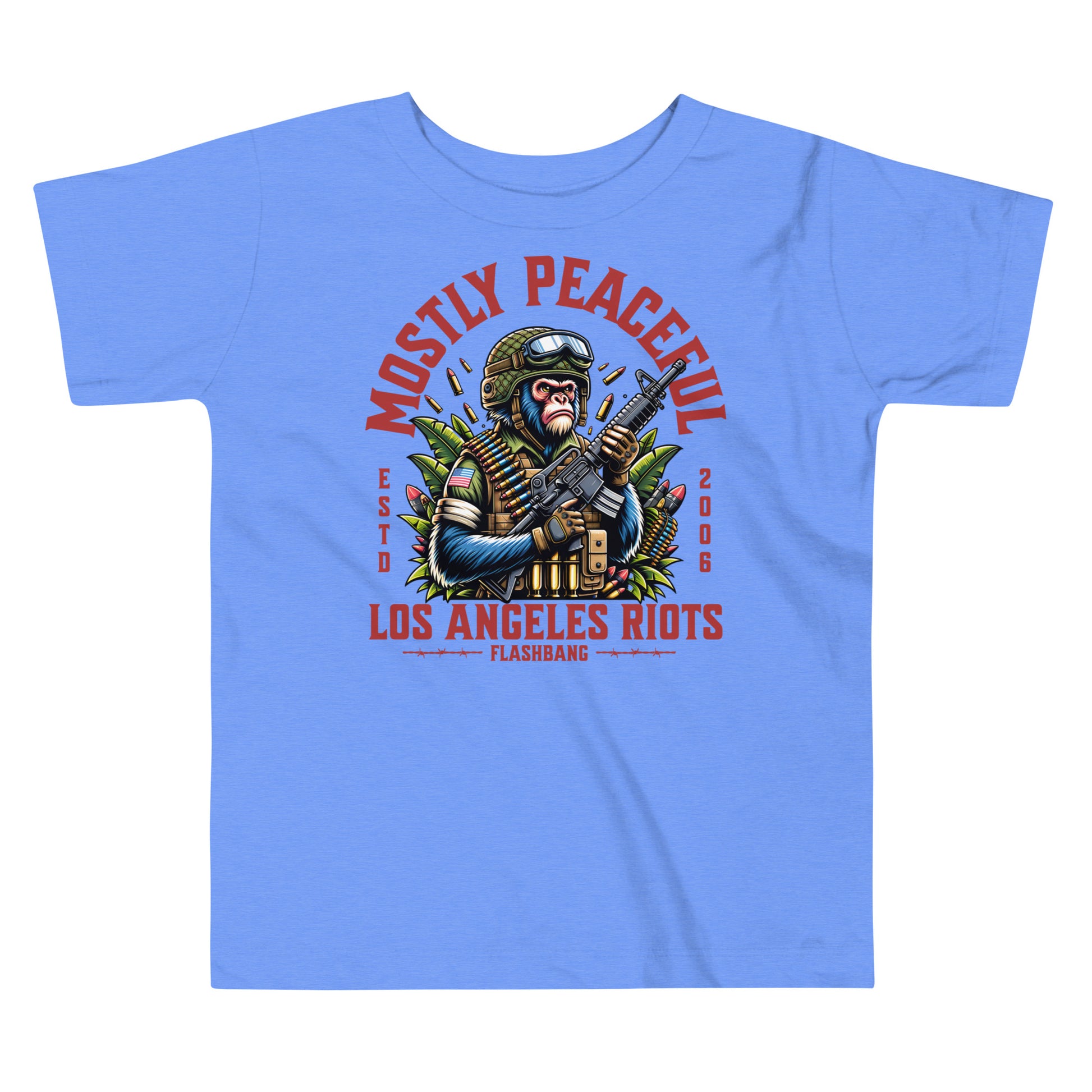 Blue t-shirt with graphic design featuring a monkey and text on a white background
