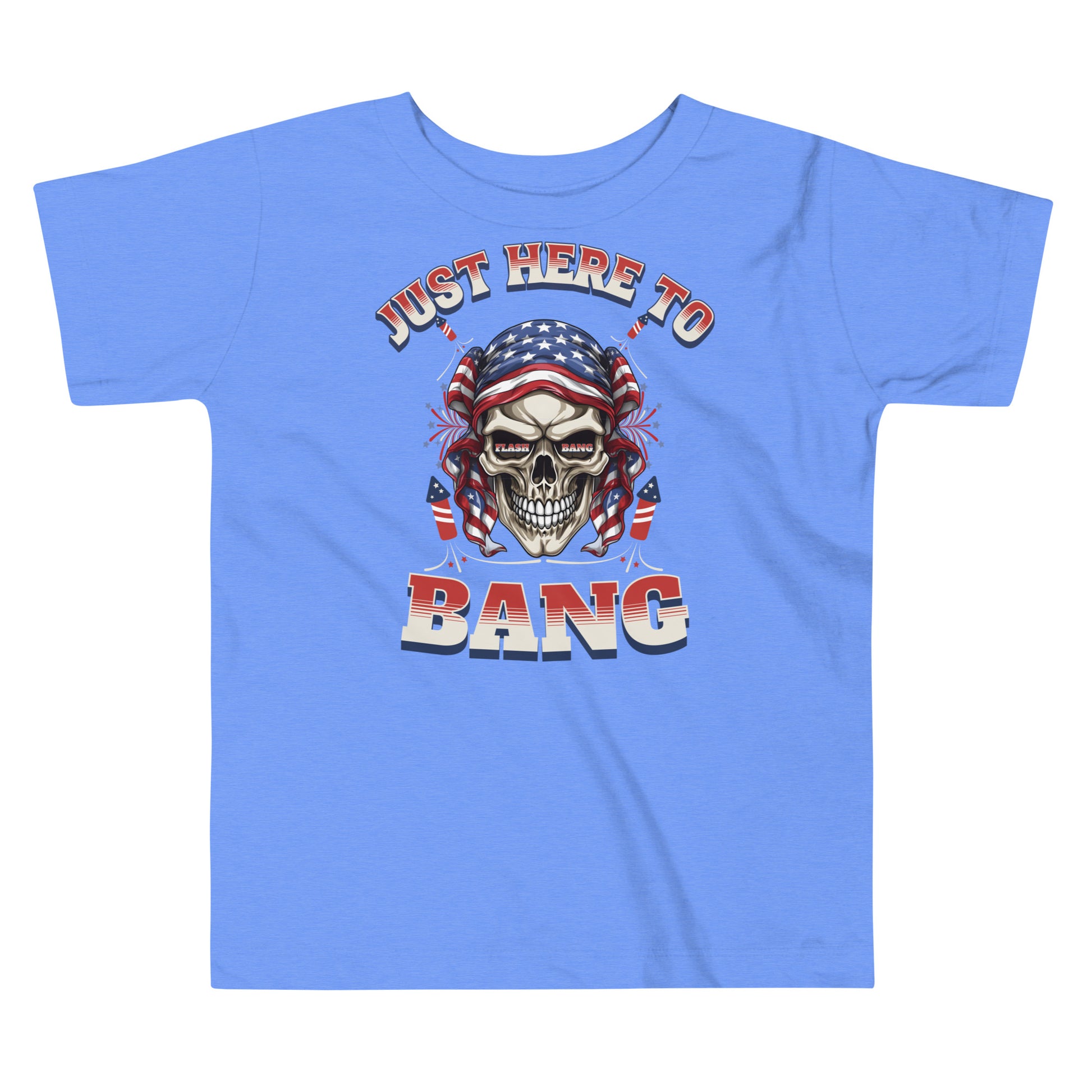 Blue t-shirt with a skull graphic and text 'Just Here To Bang' on a white background