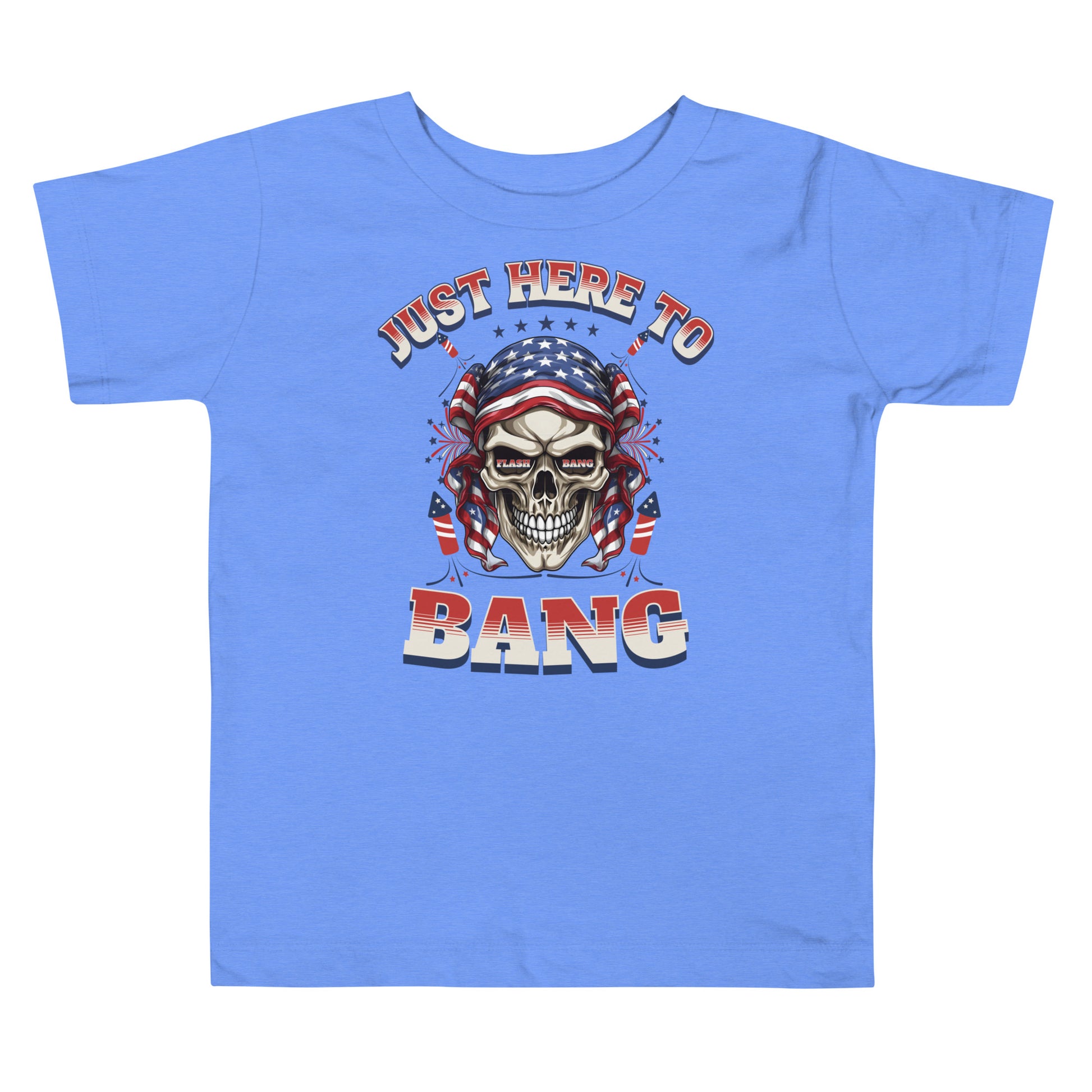 Blue t-shirt with a graphic design featuring a skull and text on a white background