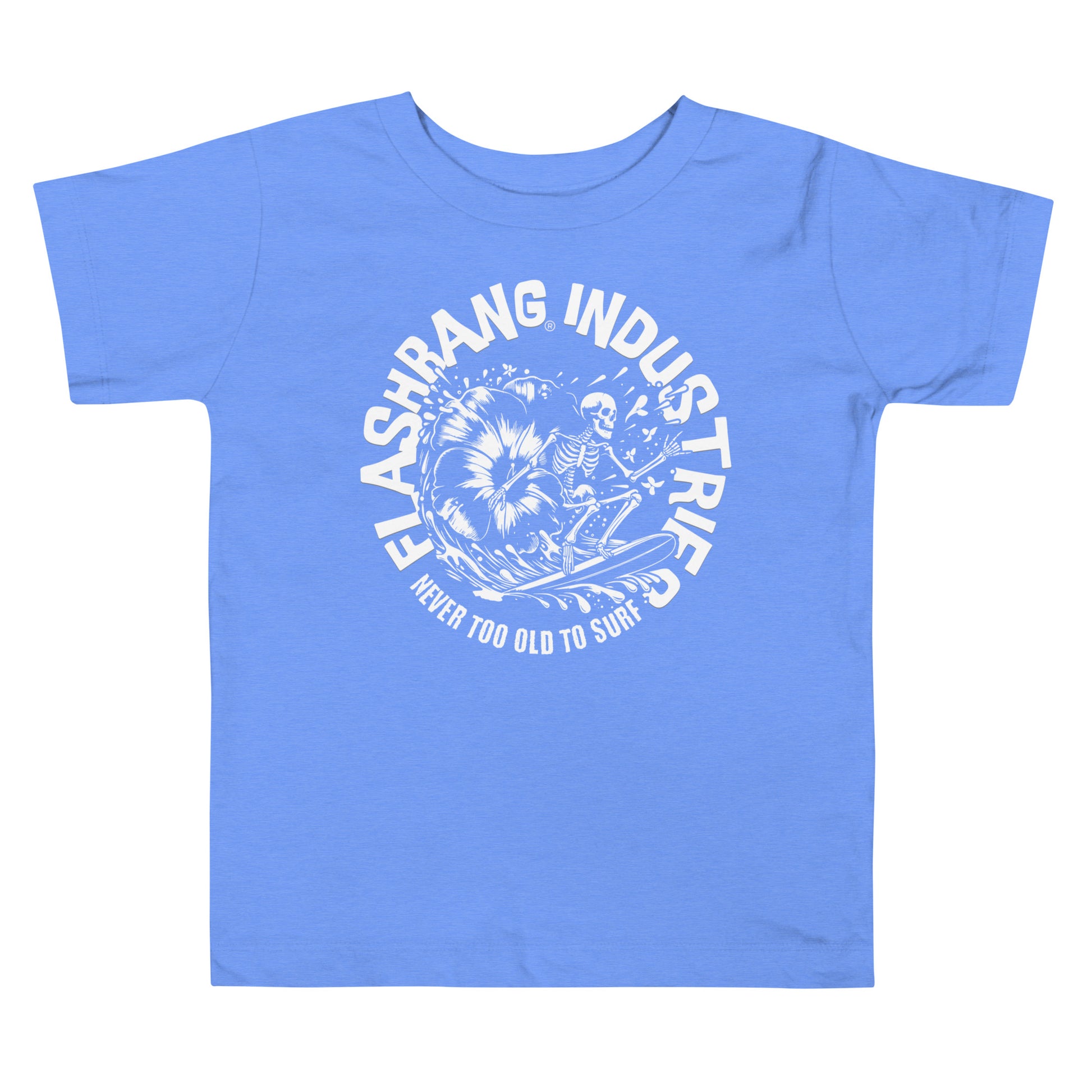 Blue t-shirt with white graphic and text on a white background