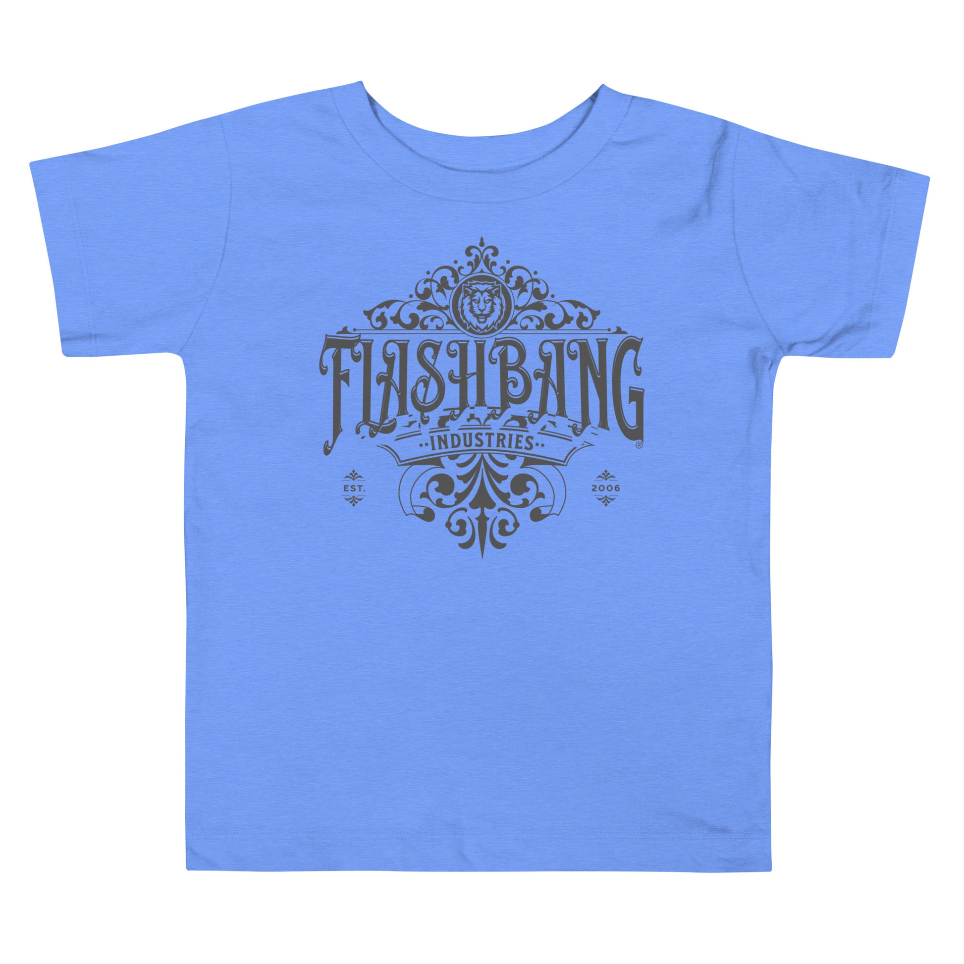 Blue t-shirt with 'Flashbang Industries' graphic design on a white background