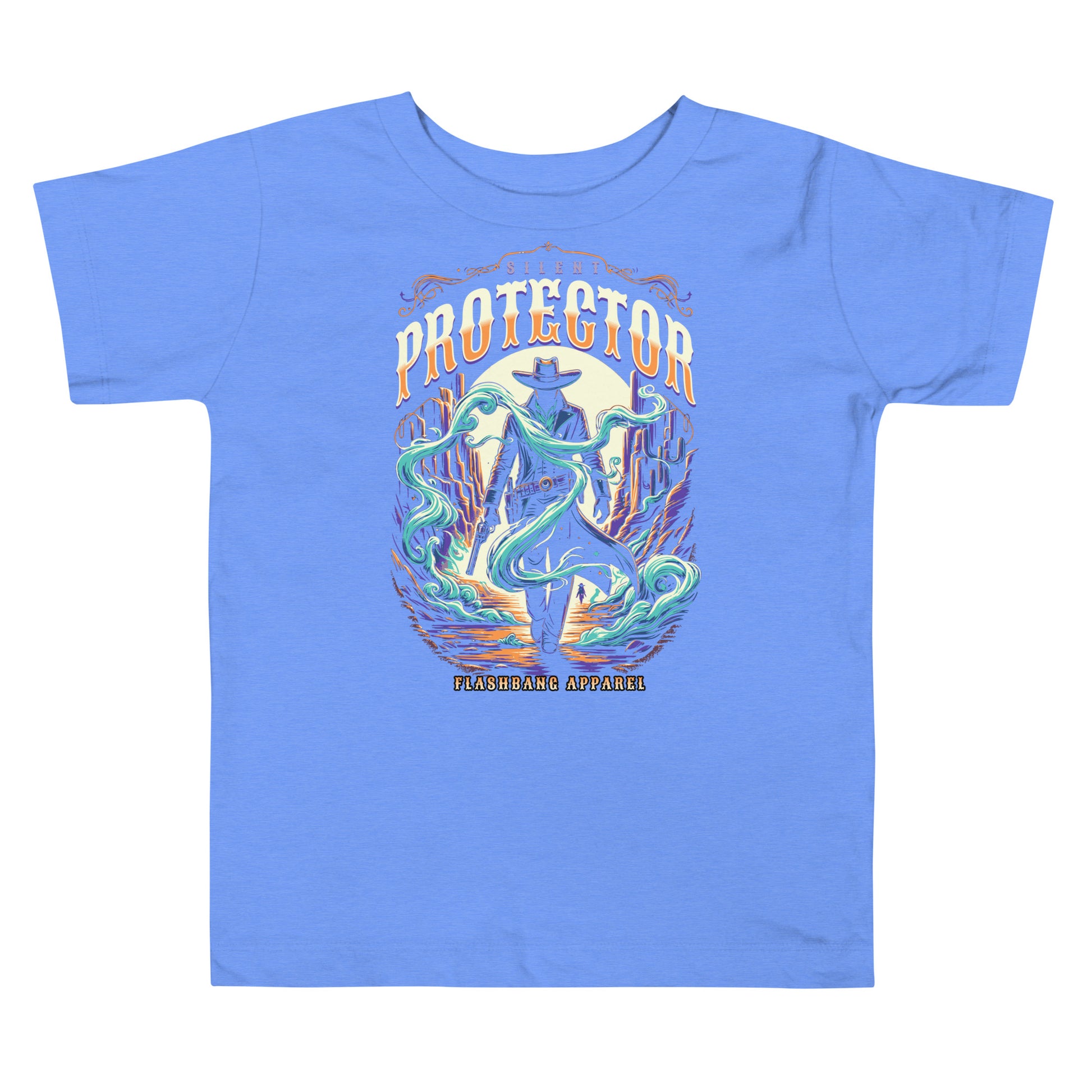 Blue t-shirt with a colorful graphic and 'PROTECTOR' text on a white background