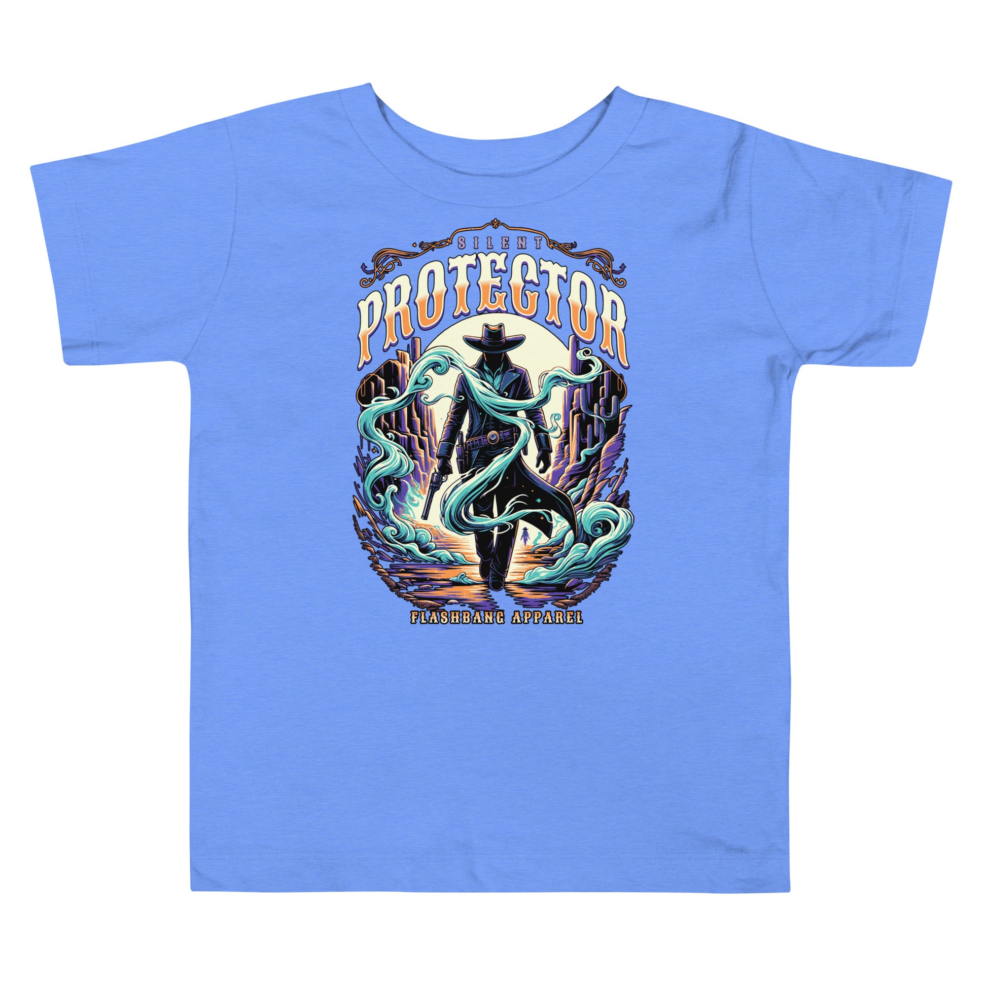 Blue t-shirt with a graphic design featuring a cowboy and text on a white background