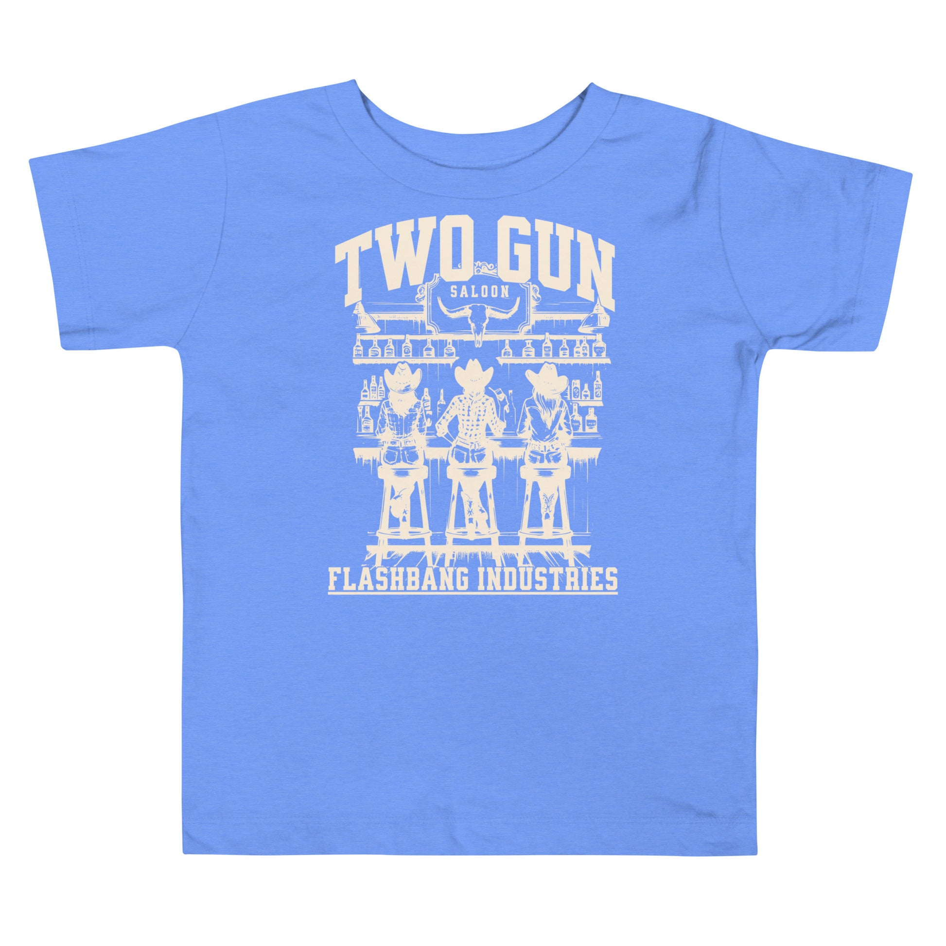 Blue t-shirt with white graphic design and text on a white background