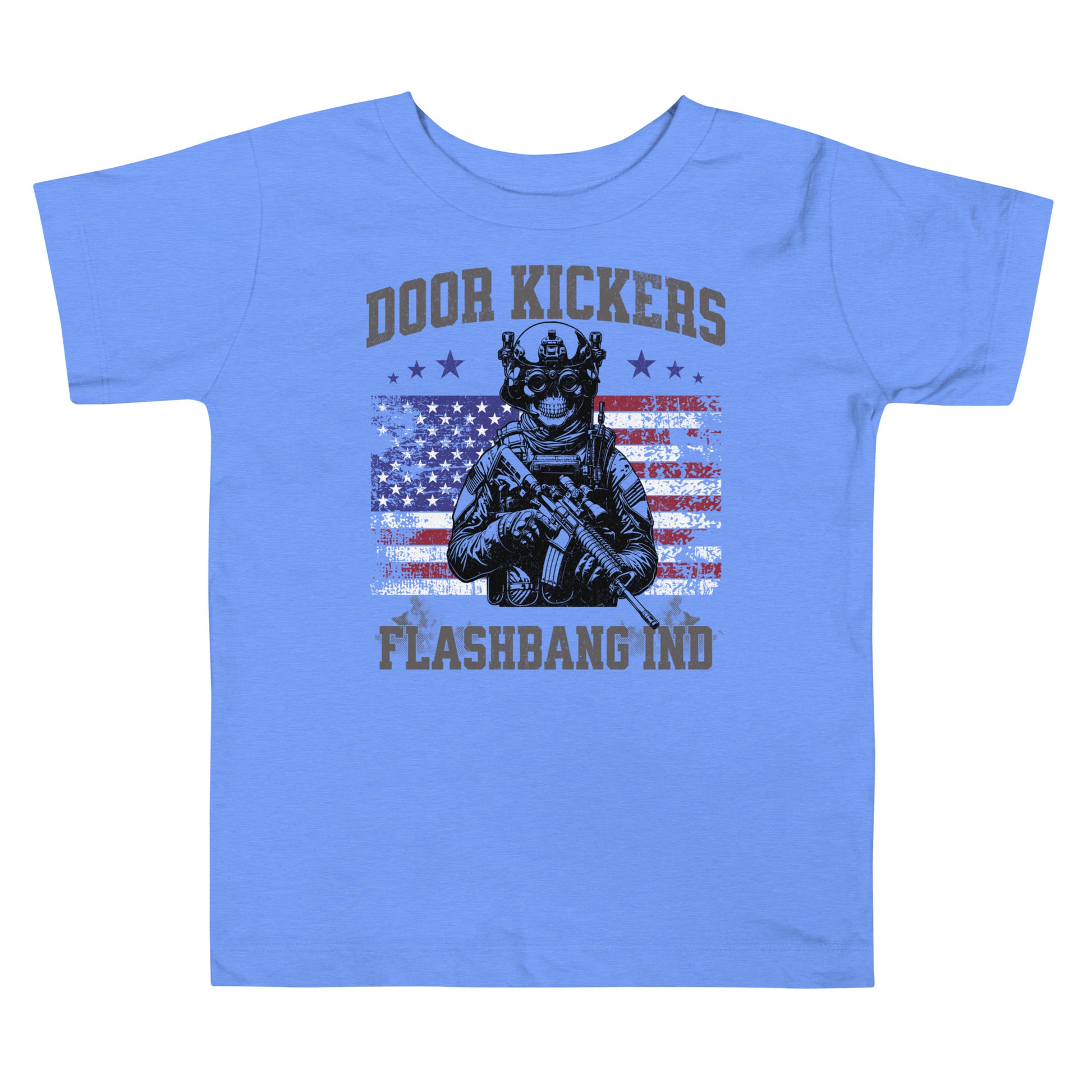Blue t-shirt with graphic design and text on a white background