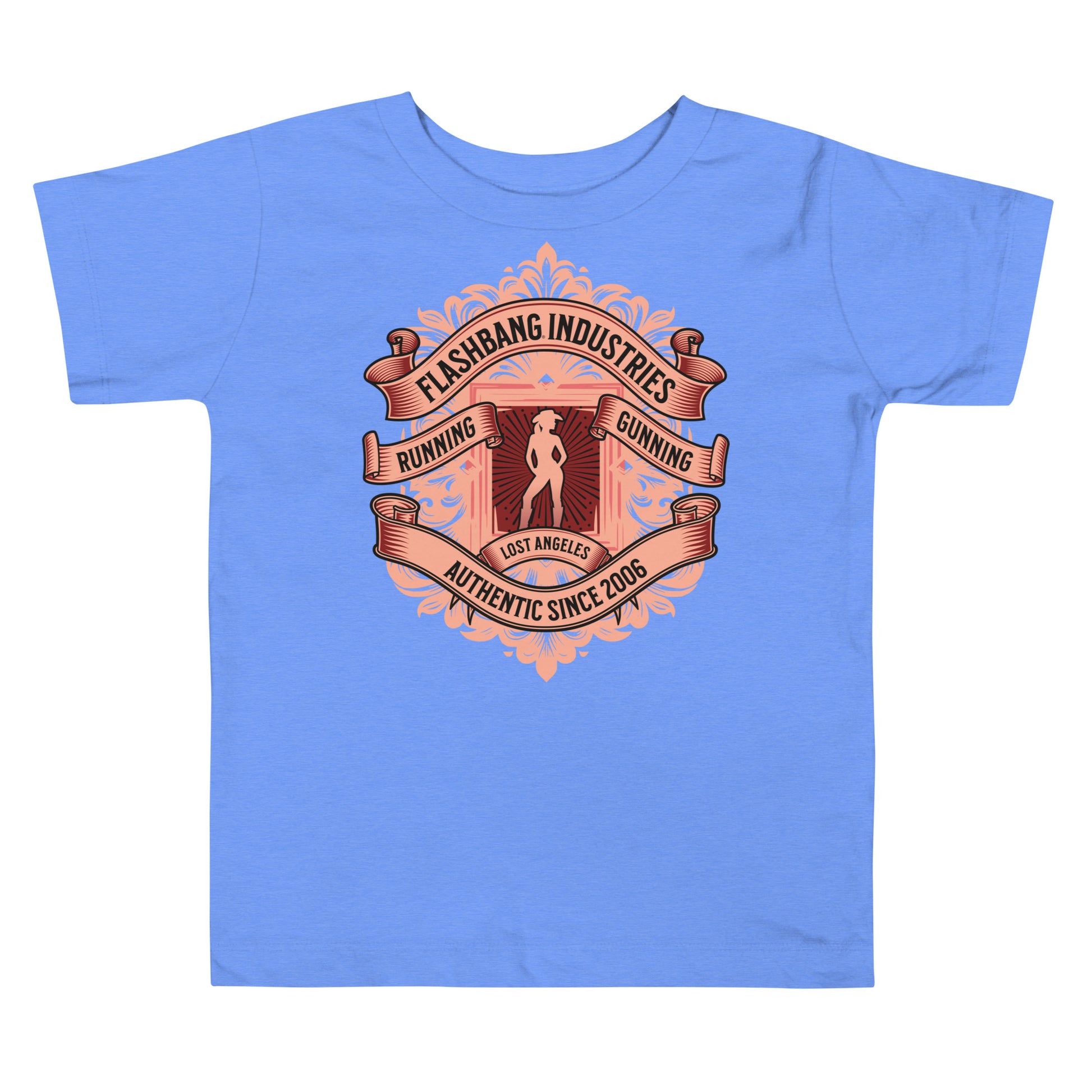Blue t-shirt with a graphic design on a white background